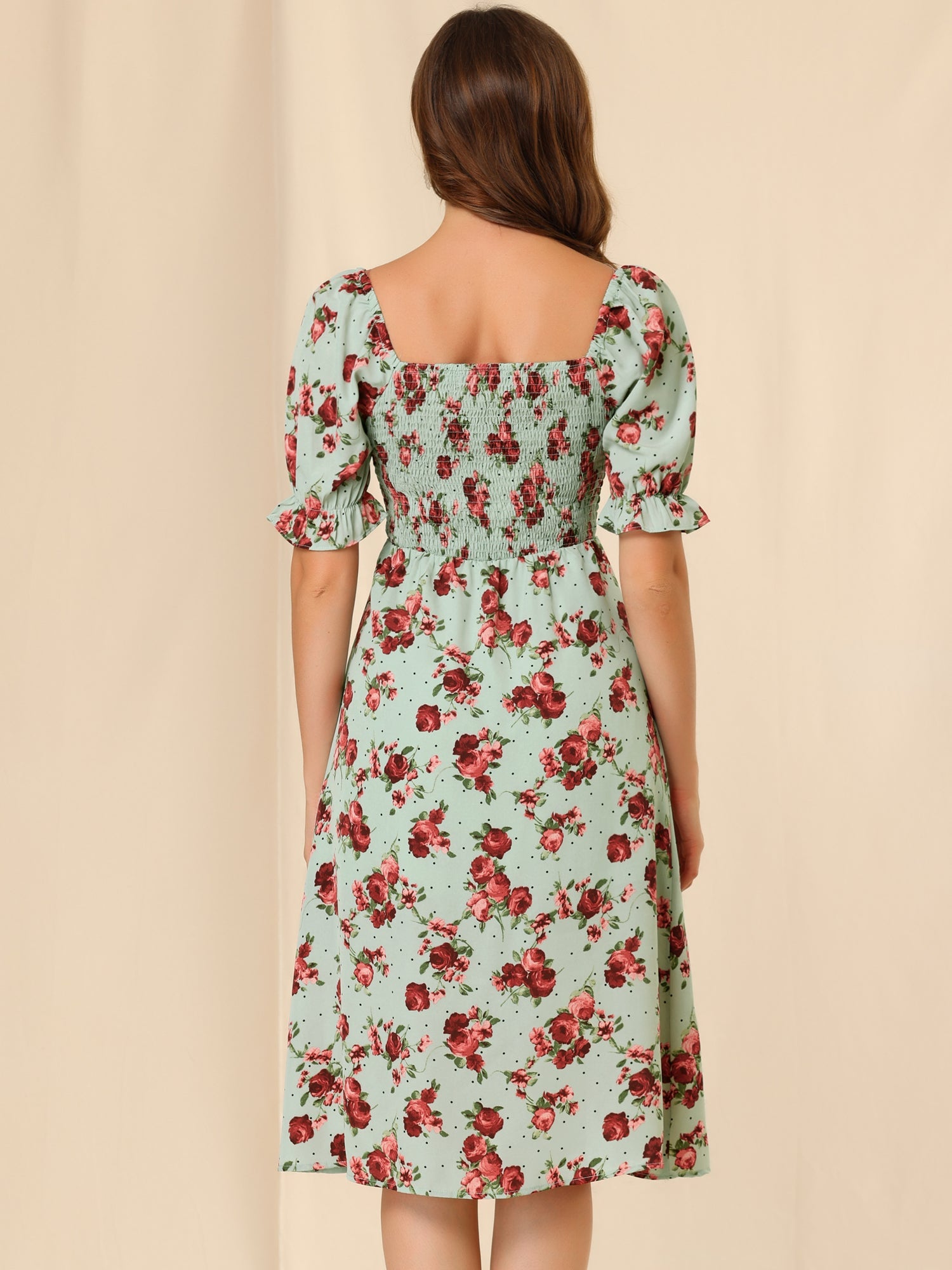 Square Neck Puff Sleeve Shirred Floral Casual Midi Dress