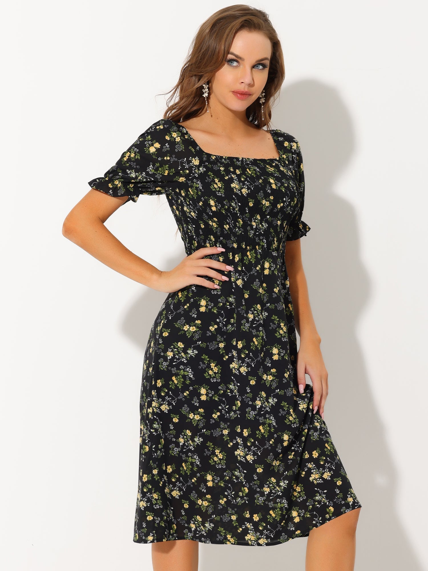 Square Neck Puff Sleeve Shirred Floral Casual Midi Dress