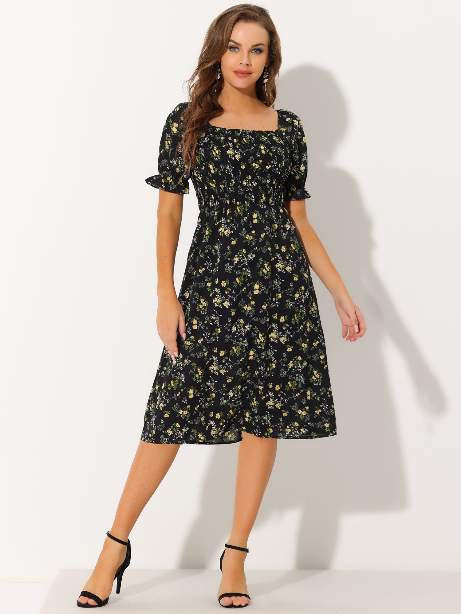 Square Neck Puff Sleeve Shirred Floral Casual Midi Dress