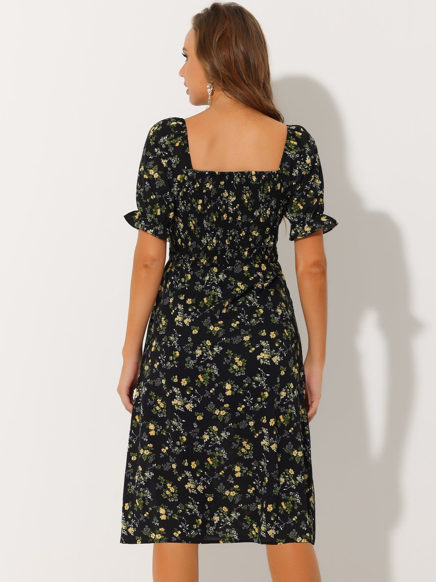 Square Neck Puff Sleeve Shirred Floral Casual Midi Dress