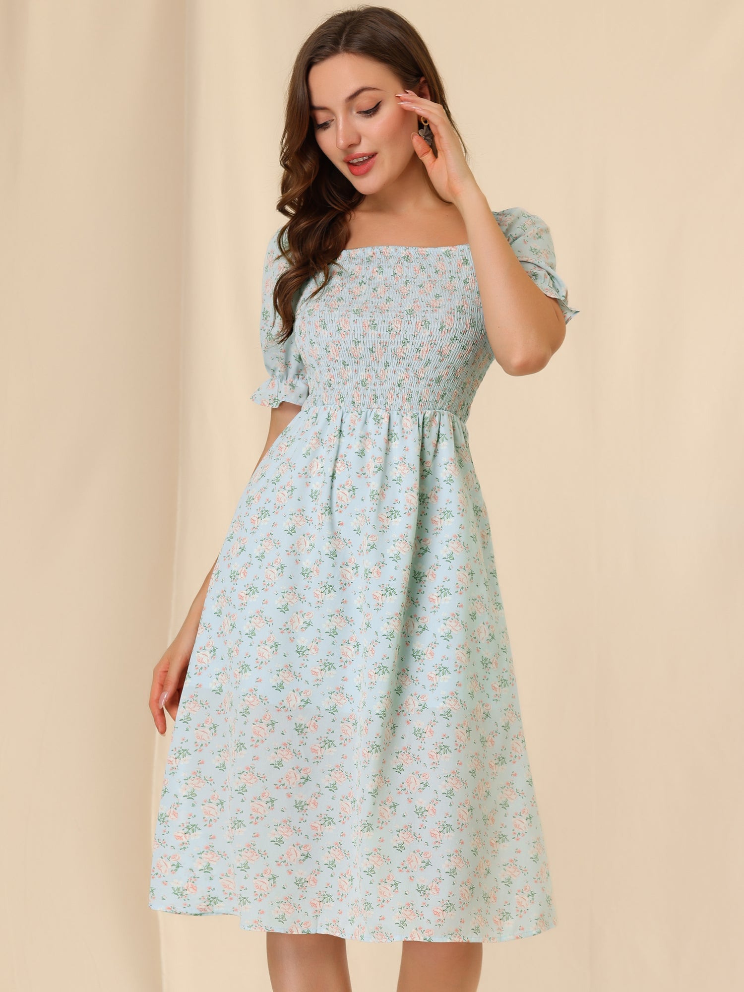 Square Neck Puff Sleeve Shirred Floral Casual Midi Dress