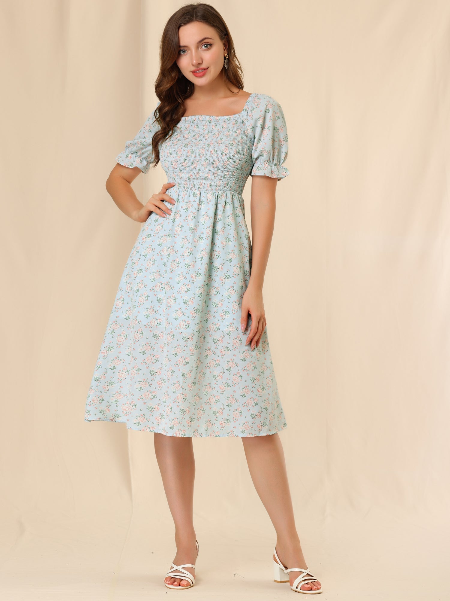 Square Neck Puff Sleeve Shirred Floral Casual Midi Dress