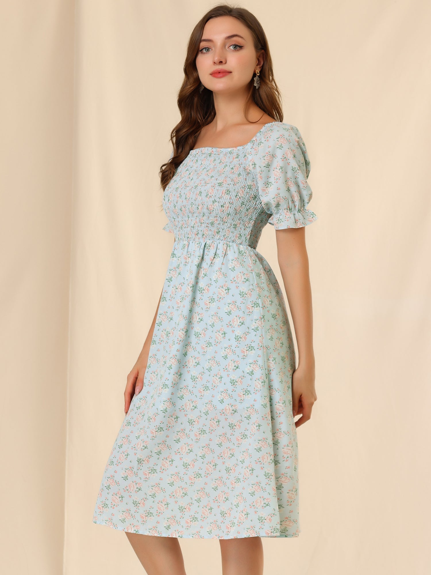 Square Neck Puff Sleeve Shirred Floral Casual Midi Dress
