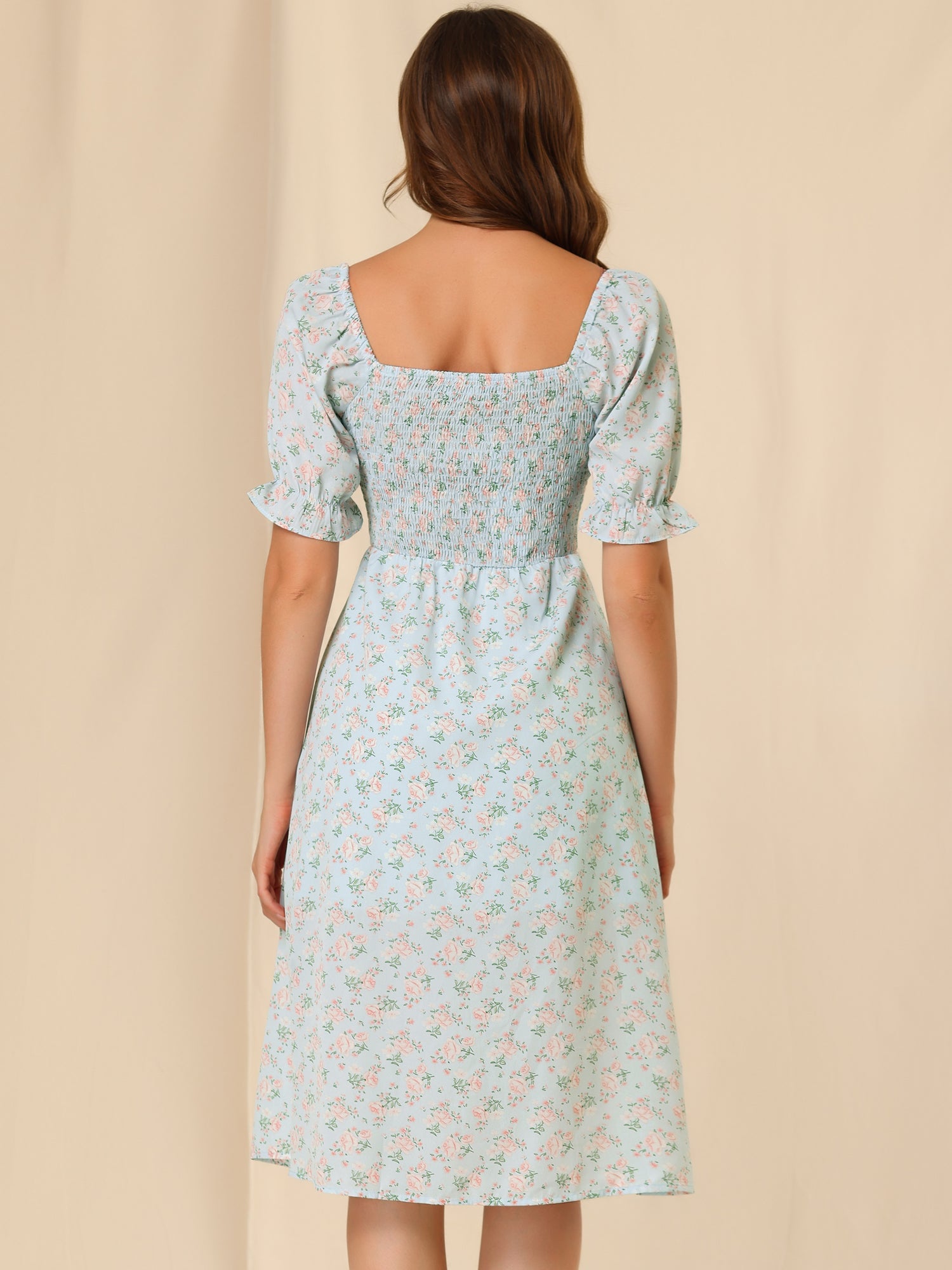 Square Neck Puff Sleeve Shirred Floral Casual Midi Dress