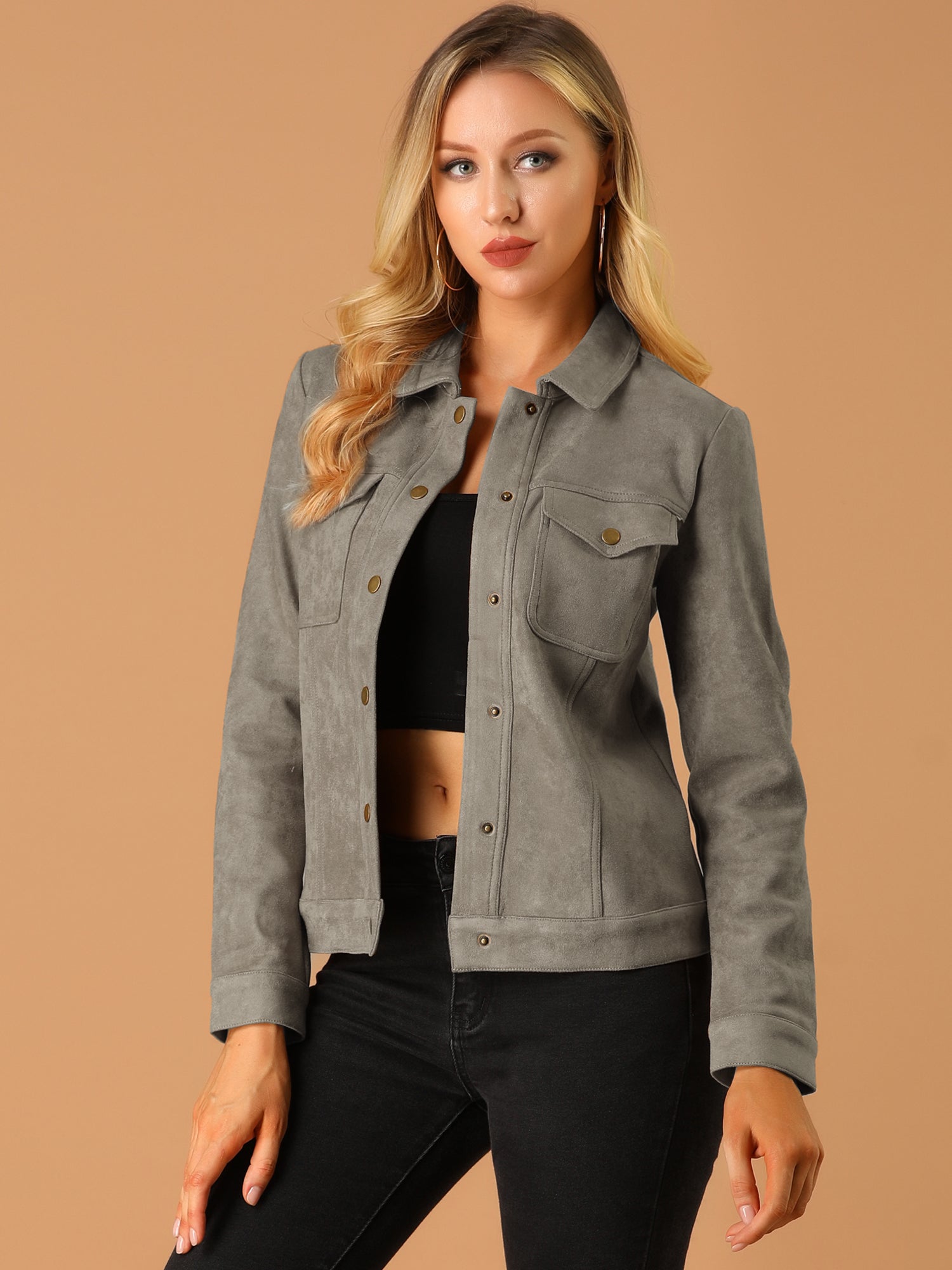 Faux Suede Turn-Down Collar Flap Pocket Snap Button Jacket