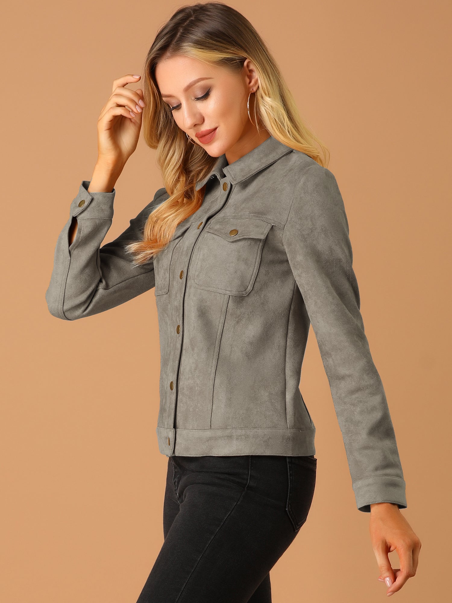 Faux Suede Turn-Down Collar Flap Pocket Snap Button Jacket