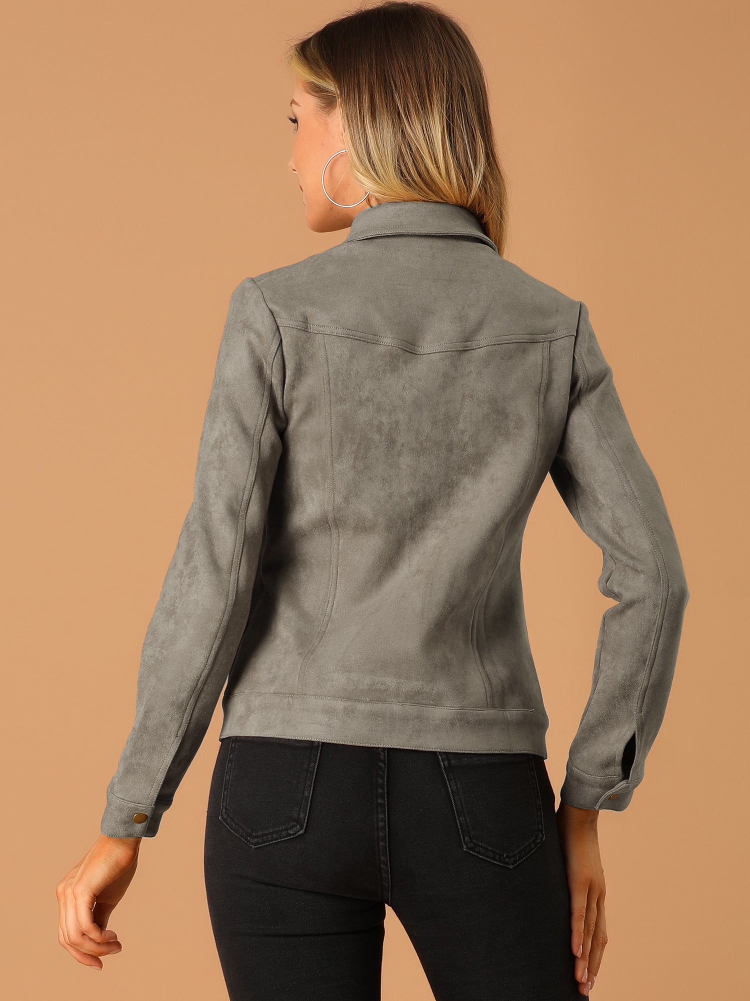 Faux Suede Turn-Down Collar Flap Pocket Snap Button Jacket