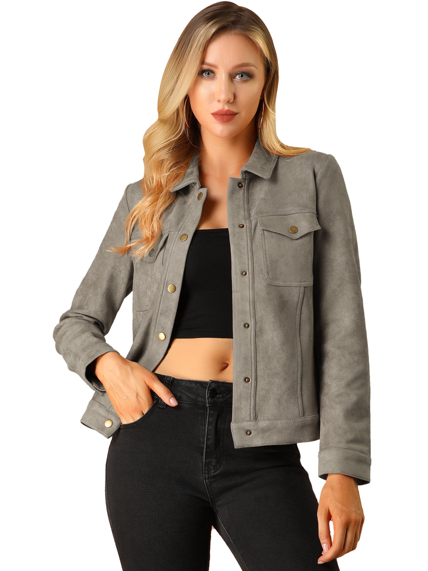 Faux Suede Turn-Down Collar Flap Pocket Snap Button Jacket