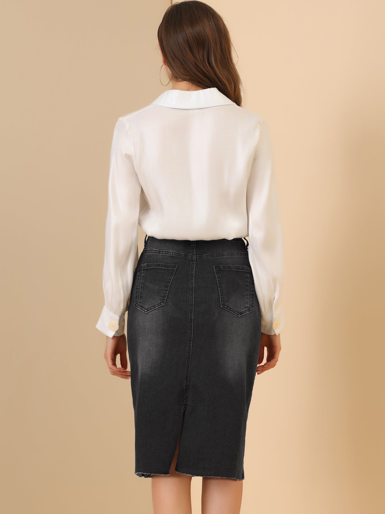 Casual High Waist Back Slit Stretch Denim Midi Jean Skirt