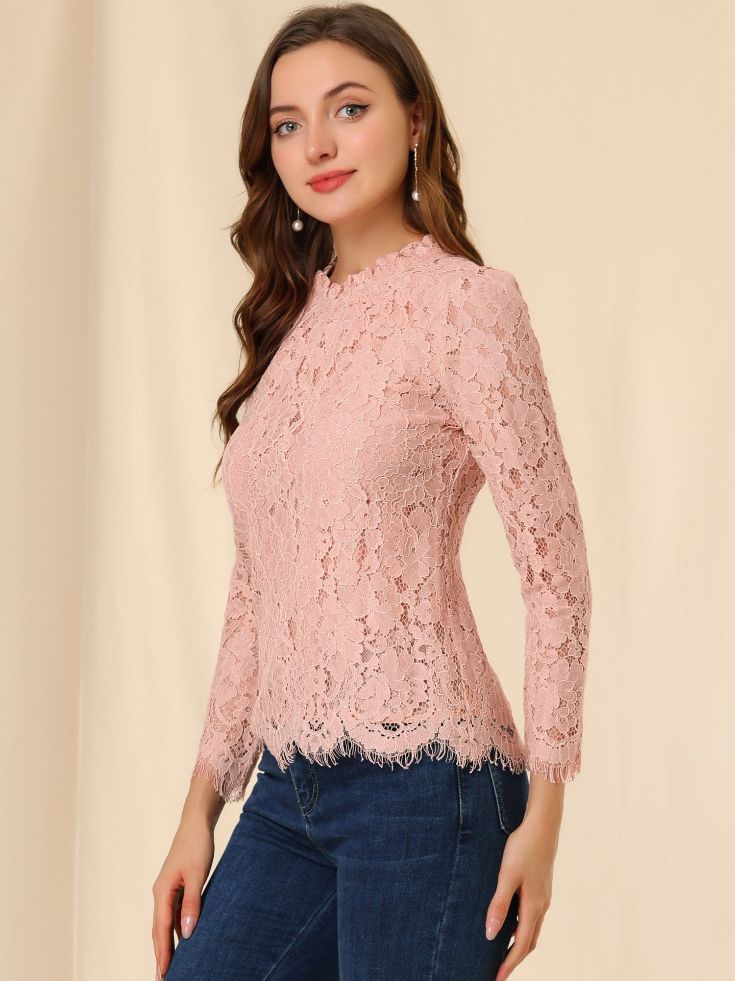 Lace Long Sleeve Ruffle Stand Neck Floral Blouse