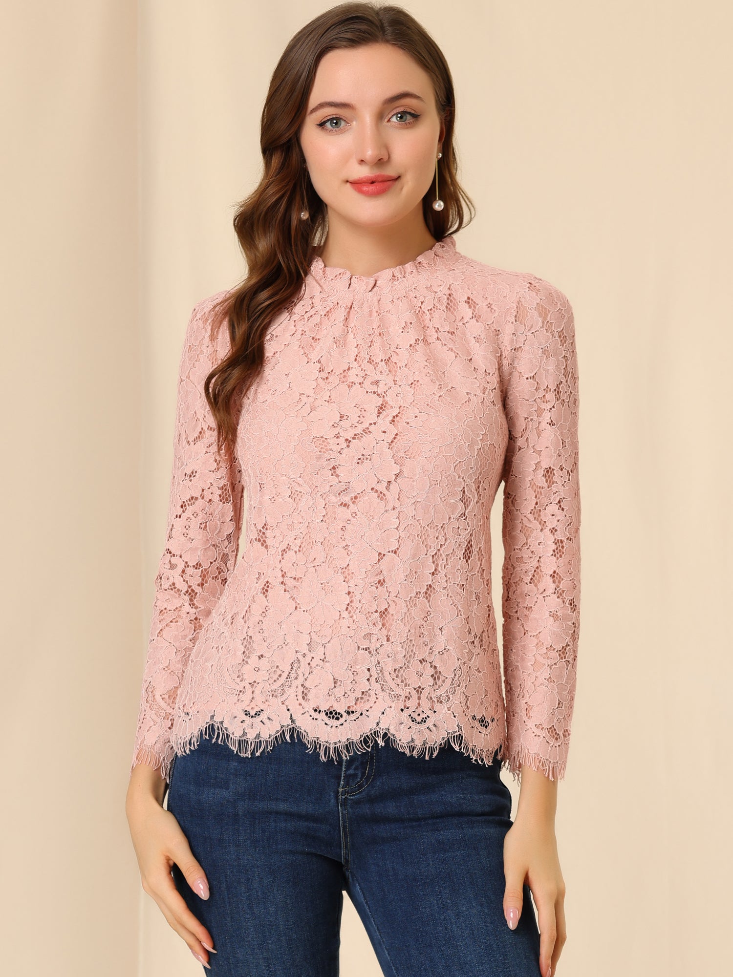 Lace Long Sleeve Ruffle Stand Neck Floral Blouse