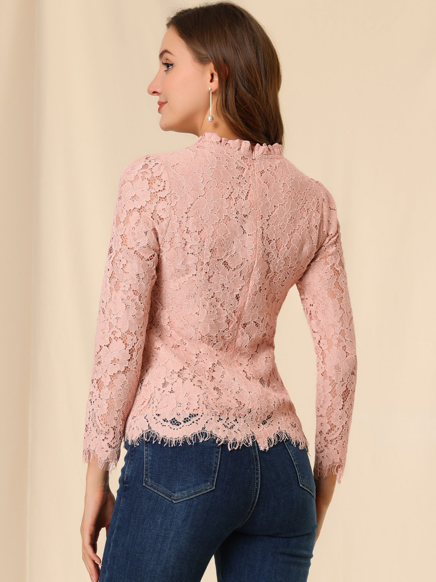 Lace Long Sleeve Ruffle Stand Neck Floral Blouse