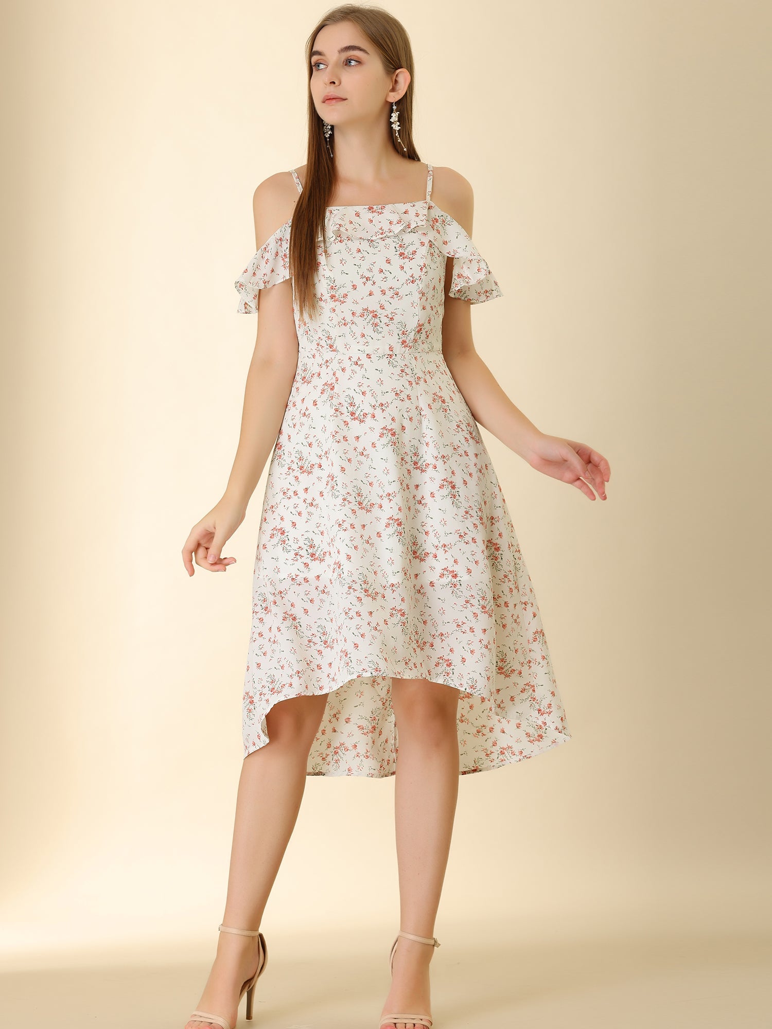 Spaghetti Strap Asymmetrical High Low Floral A-Line Midi Dress