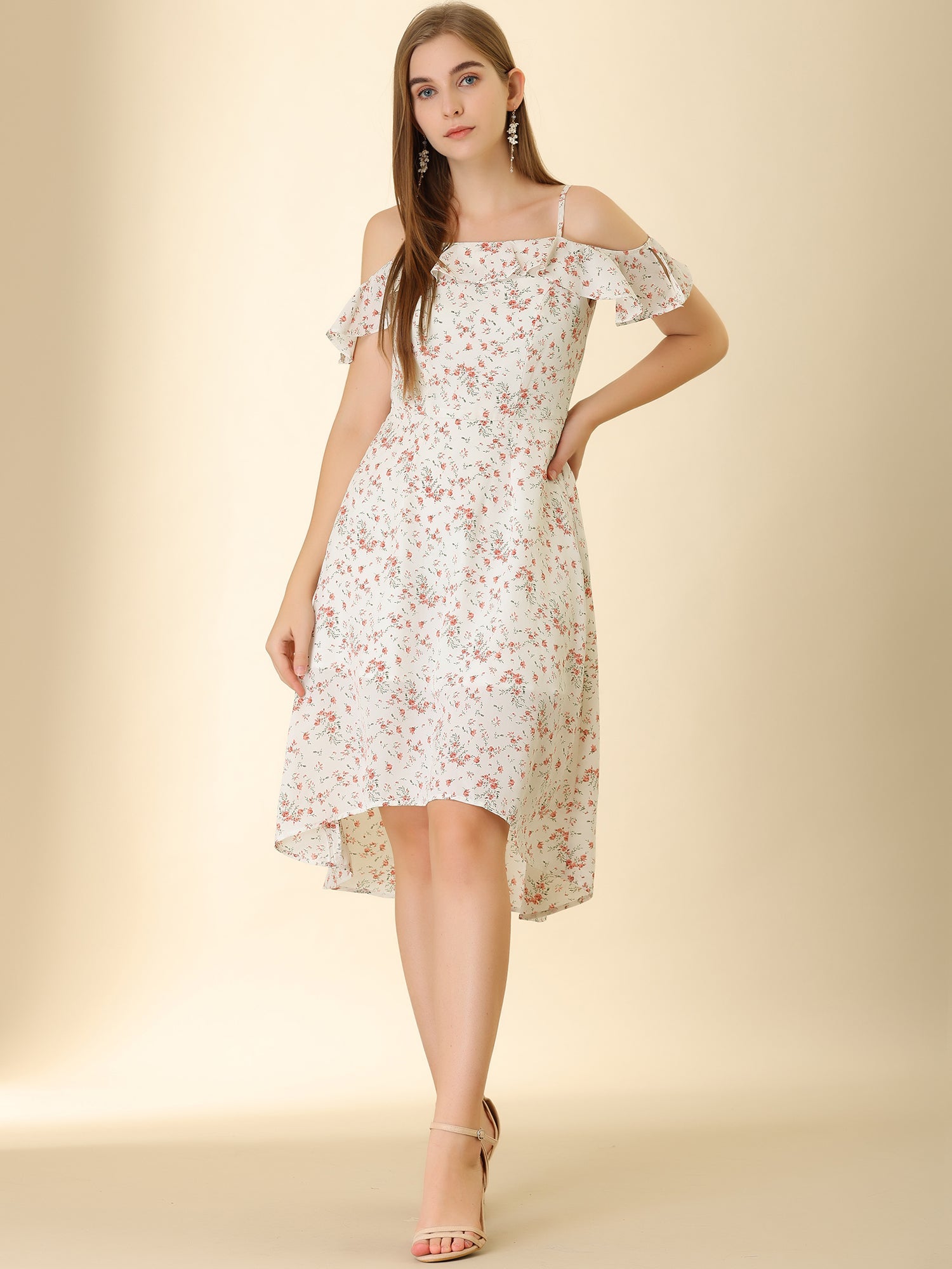 Spaghetti Strap Asymmetrical High Low Floral A-Line Midi Dress