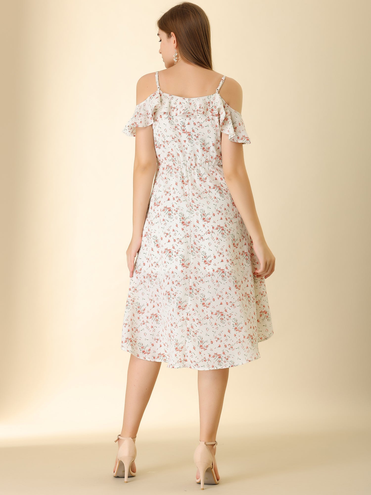 Spaghetti Strap Asymmetrical High Low Floral A-Line Midi Dress