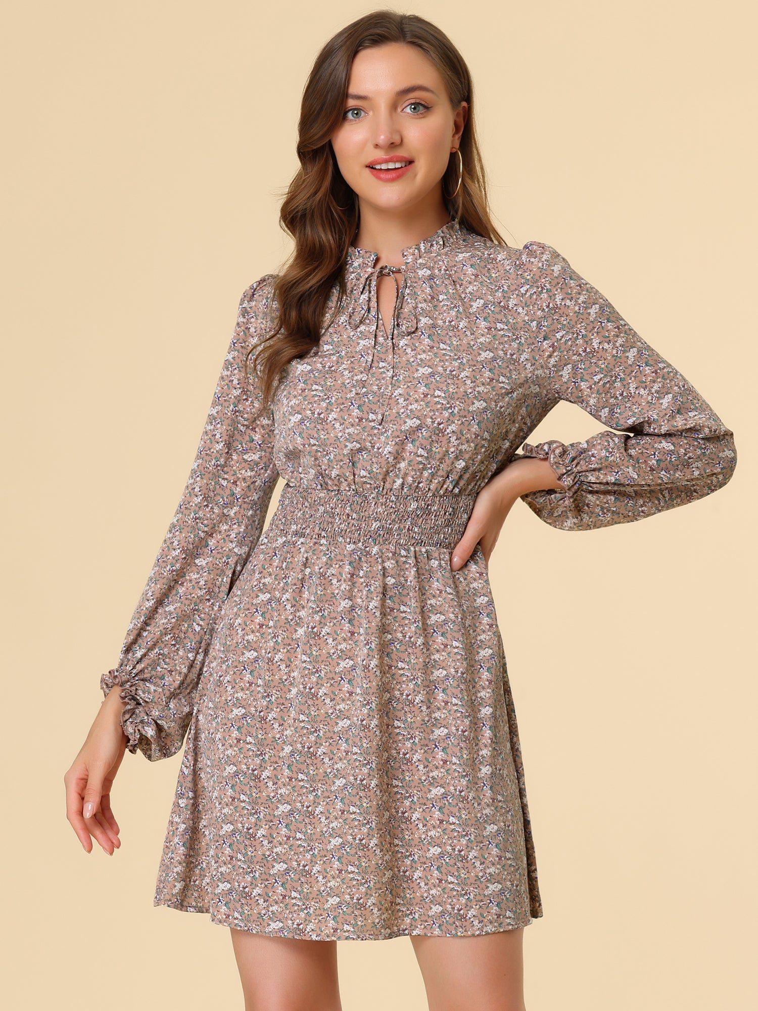 Smocked Waist Tie Neck Floral Long Sleeve Dress