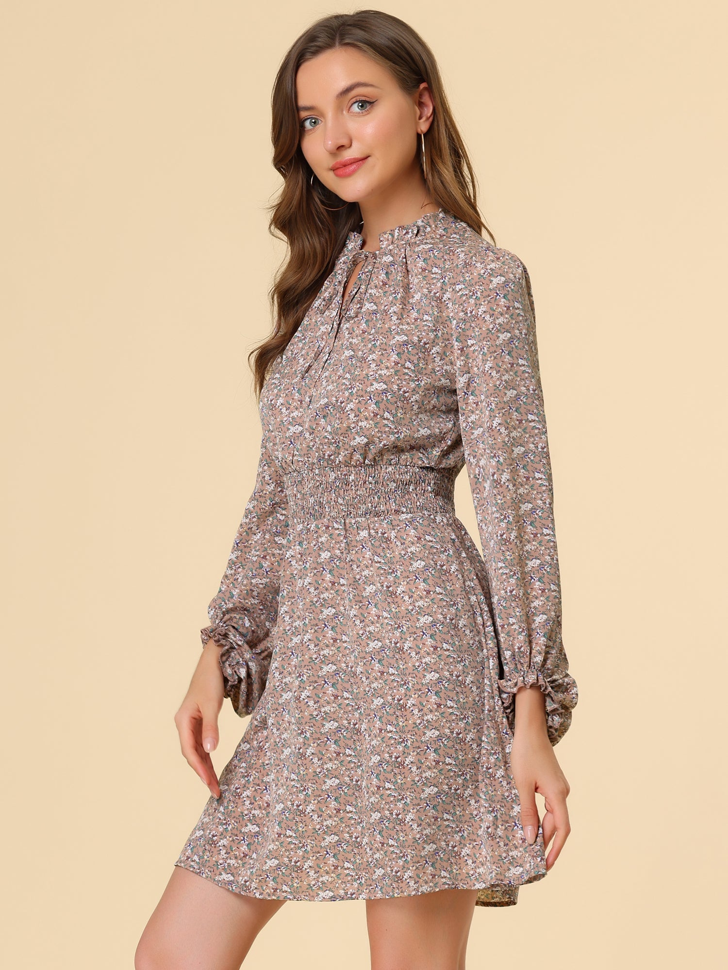 Smocked Waist Tie Neck Floral Long Sleeve Dress