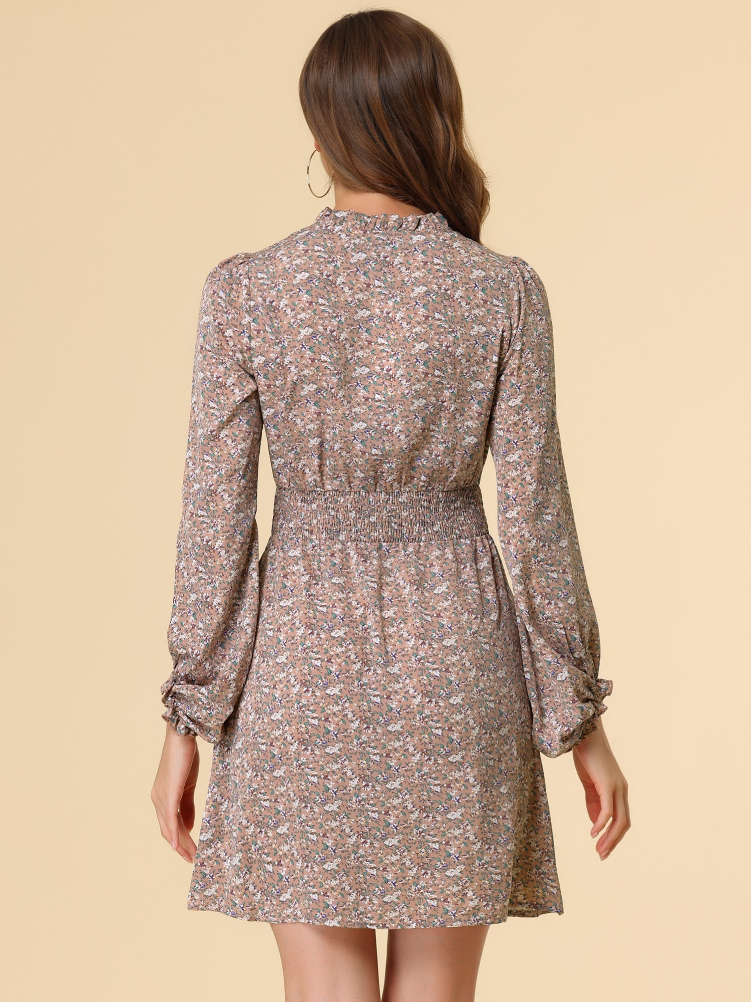 Smocked Waist Tie Neck Floral Long Sleeve Dress