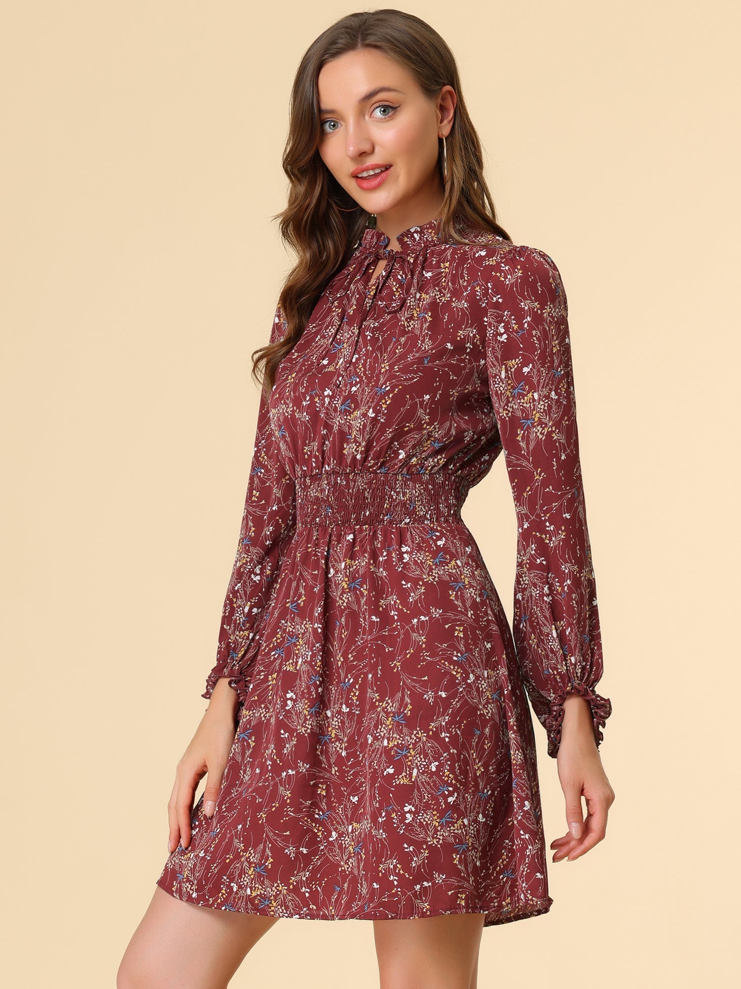 Smocked Waist Tie Neck Floral Long Sleeve Dress