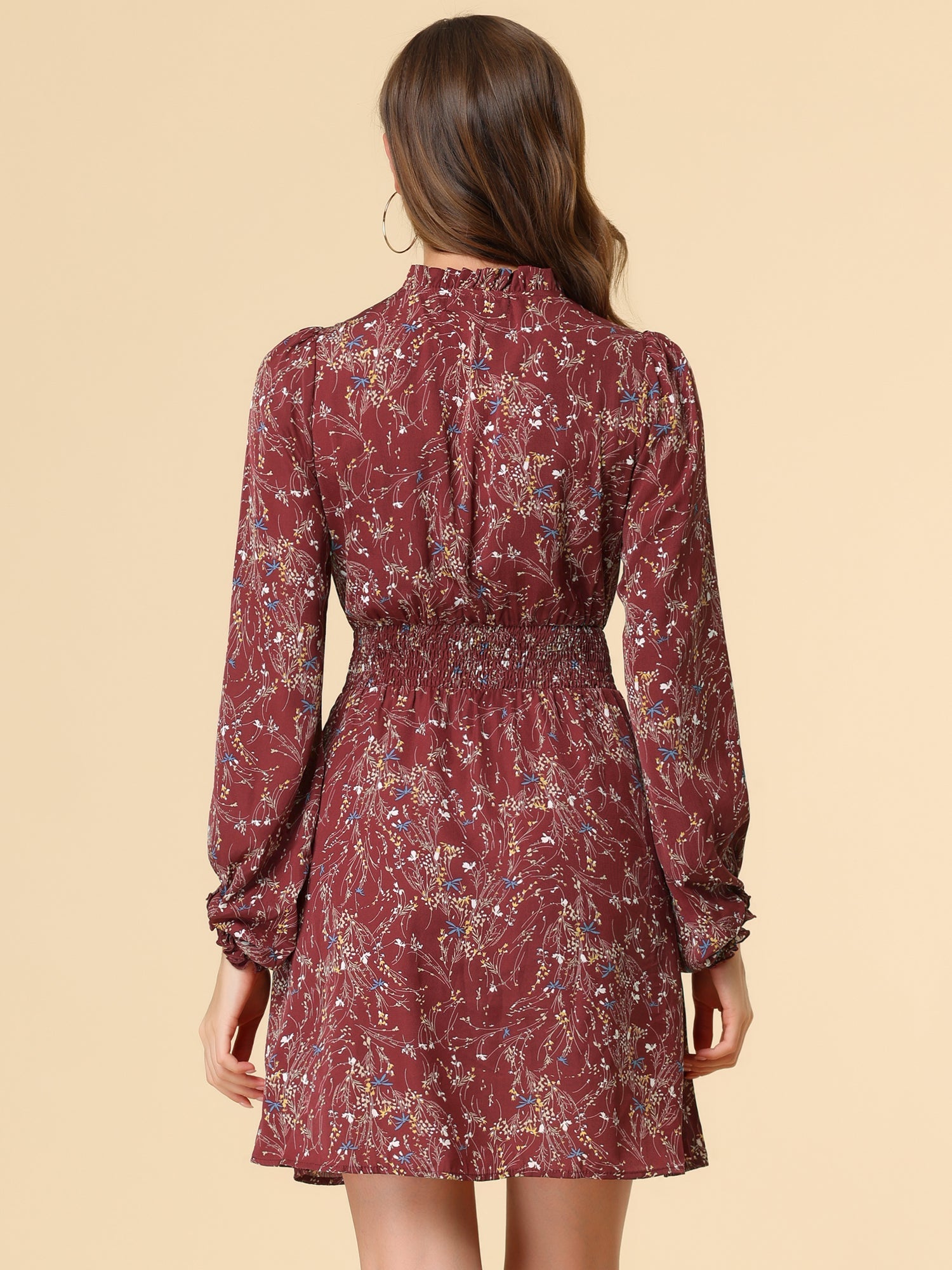 Smocked Waist Tie Neck Floral Long Sleeve Dress