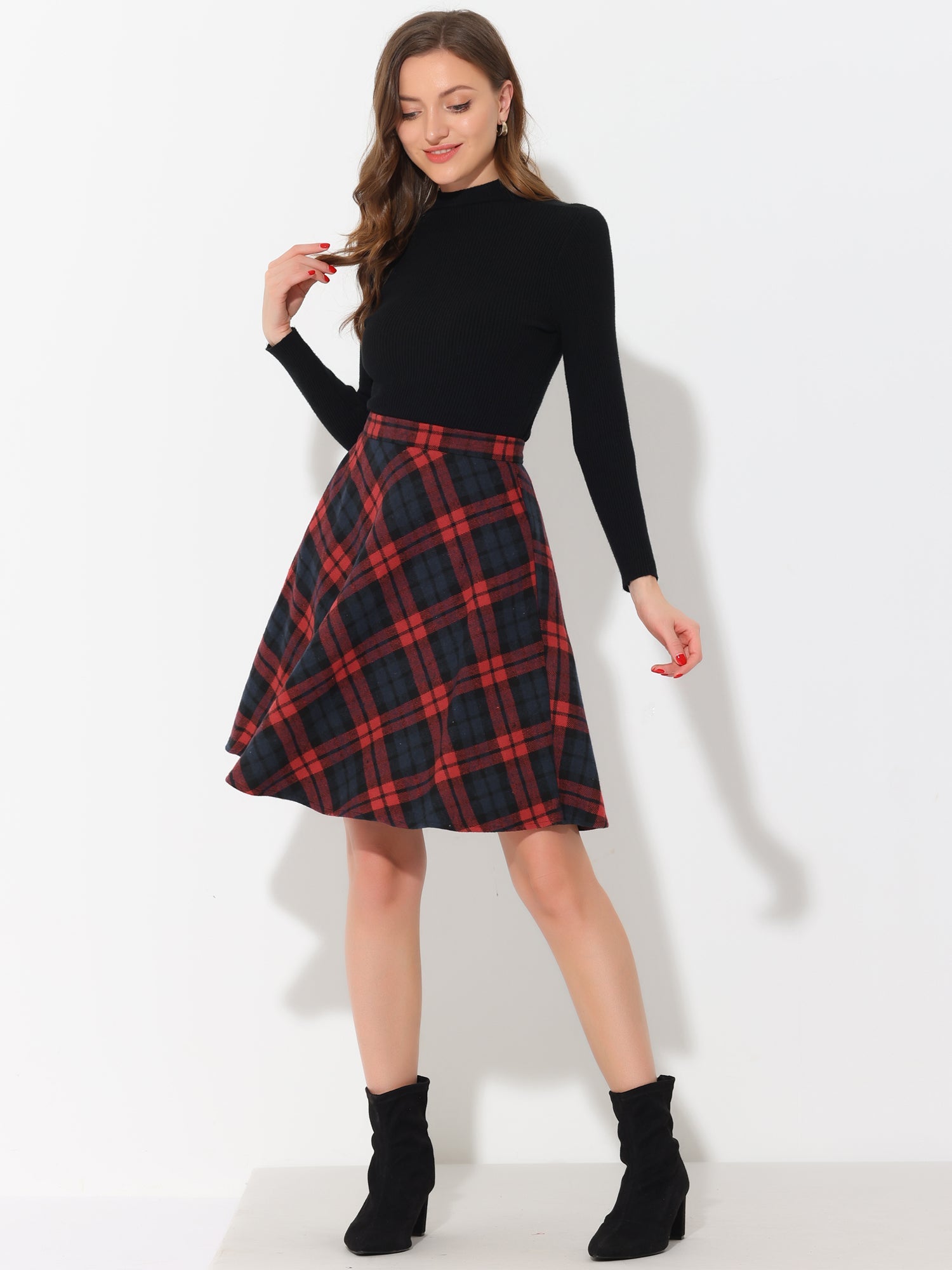 Plaid Tartan Vintage Elastic Waist Knee Length A-Line Skirt