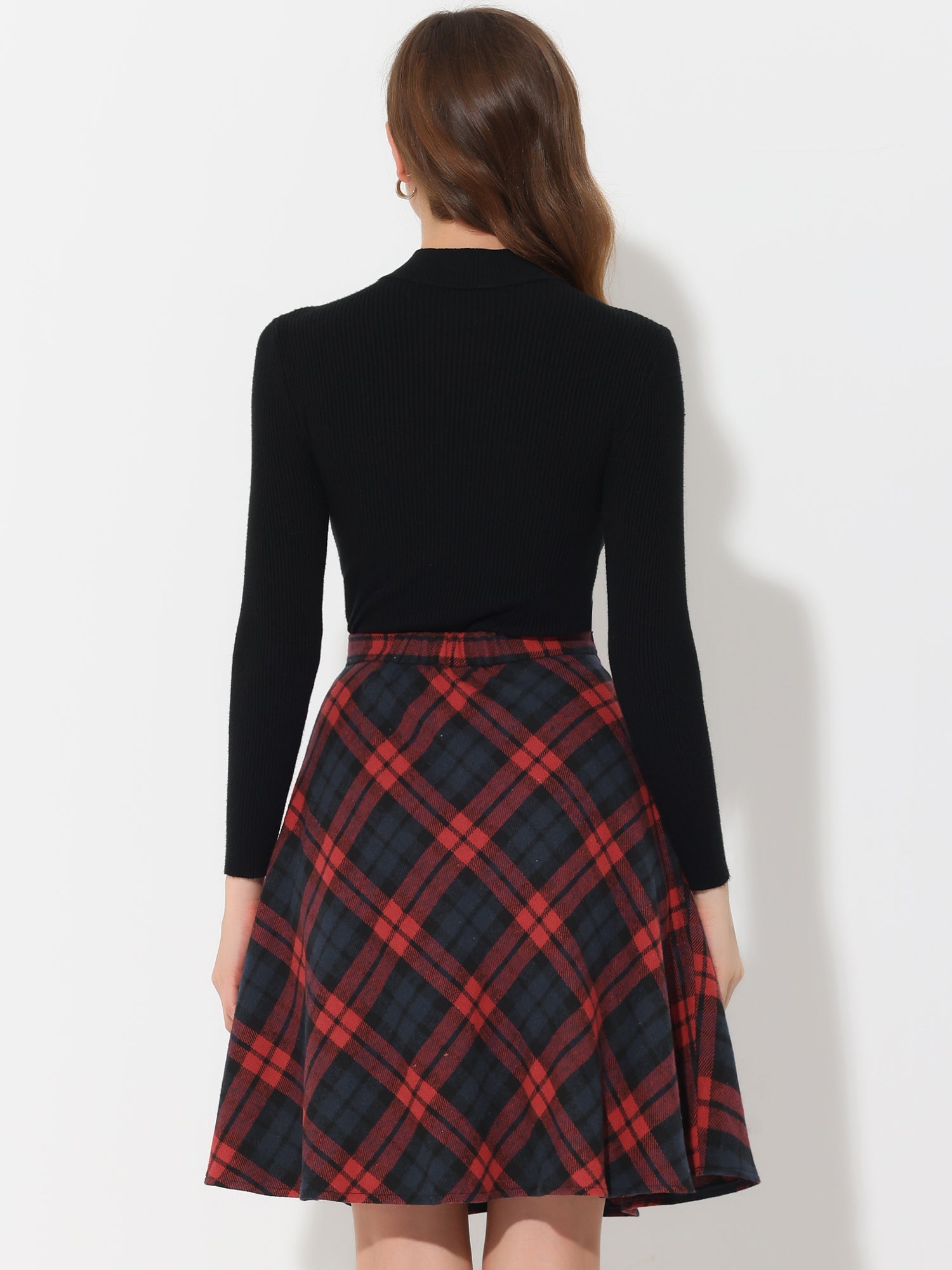 Plaid Tartan Vintage Elastic Waist Knee Length A-Line Skirt