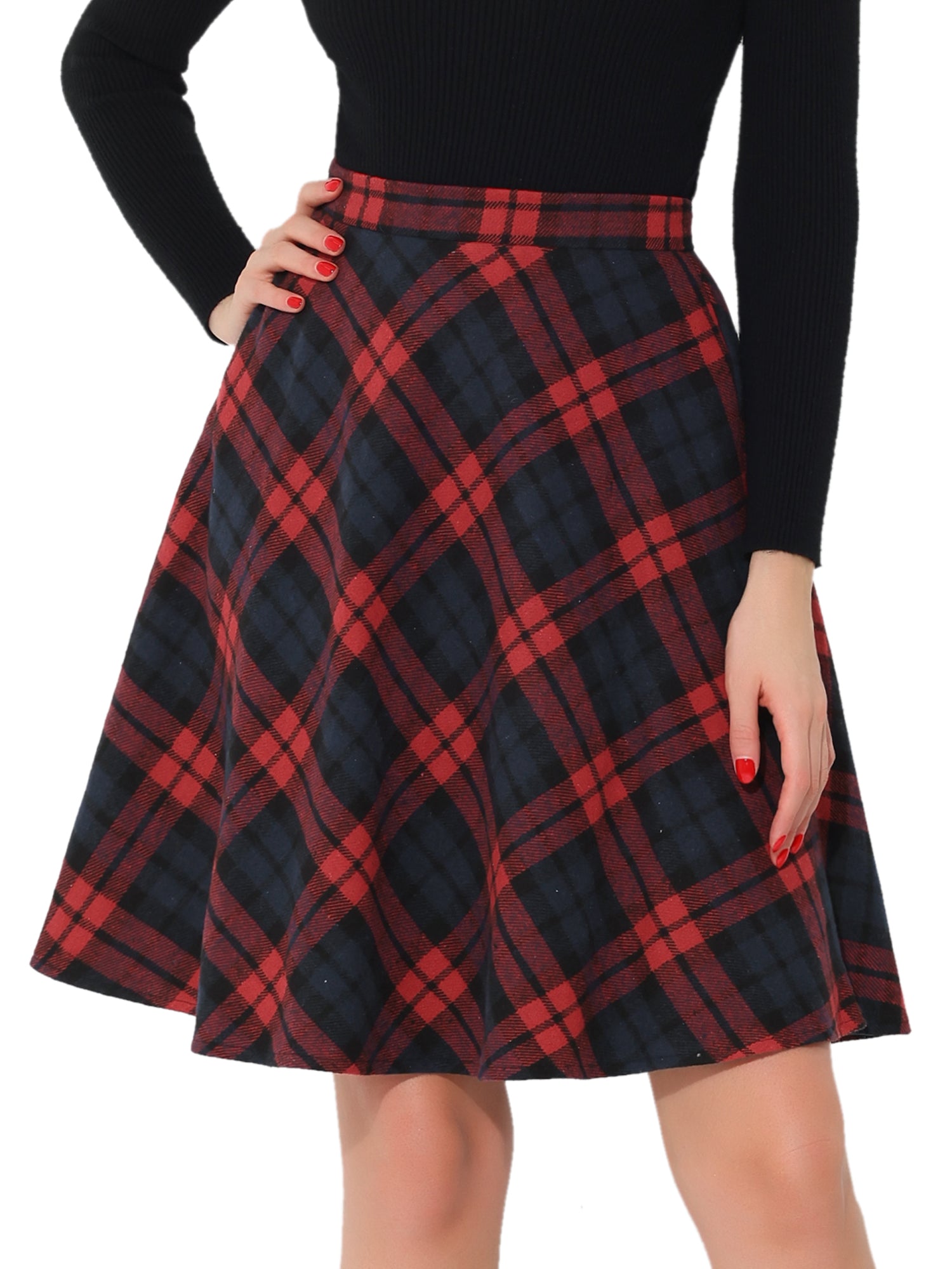 Plaid Tartan Vintage Elastic Waist Knee Length A-Line Skirt