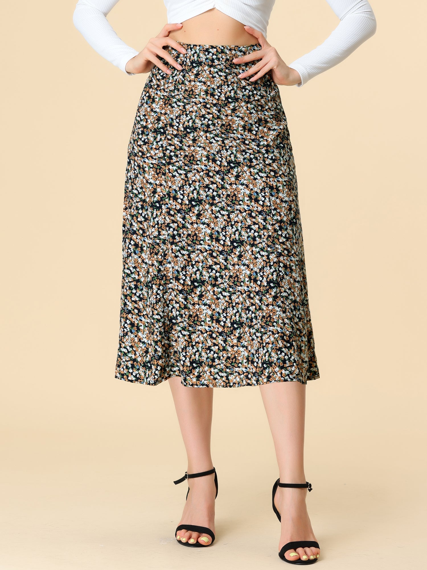 Floral Peasant Elastic Waist A-Line Ditsy Leave Midi Skirt