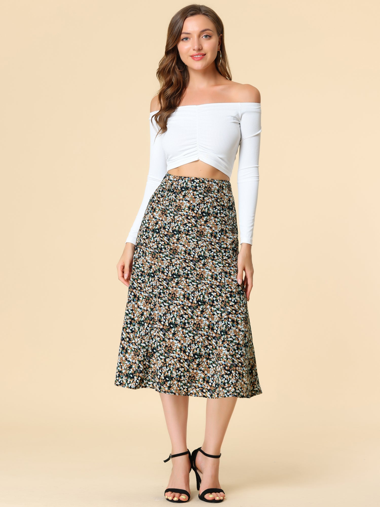 Floral Peasant Elastic Waist A-Line Ditsy Leave Midi Skirt