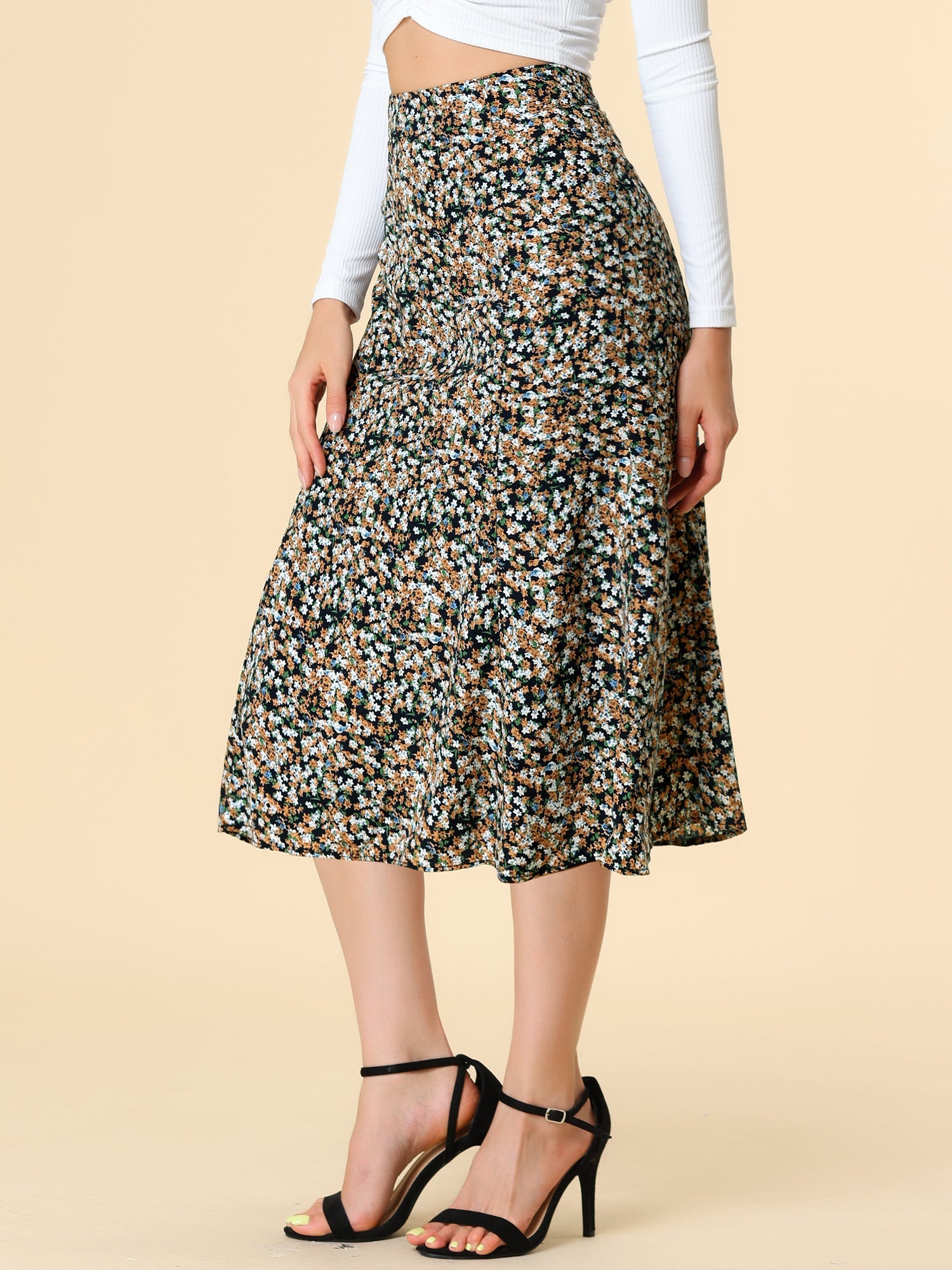 Floral Peasant Elastic Waist A-Line Ditsy Leave Midi Skirt