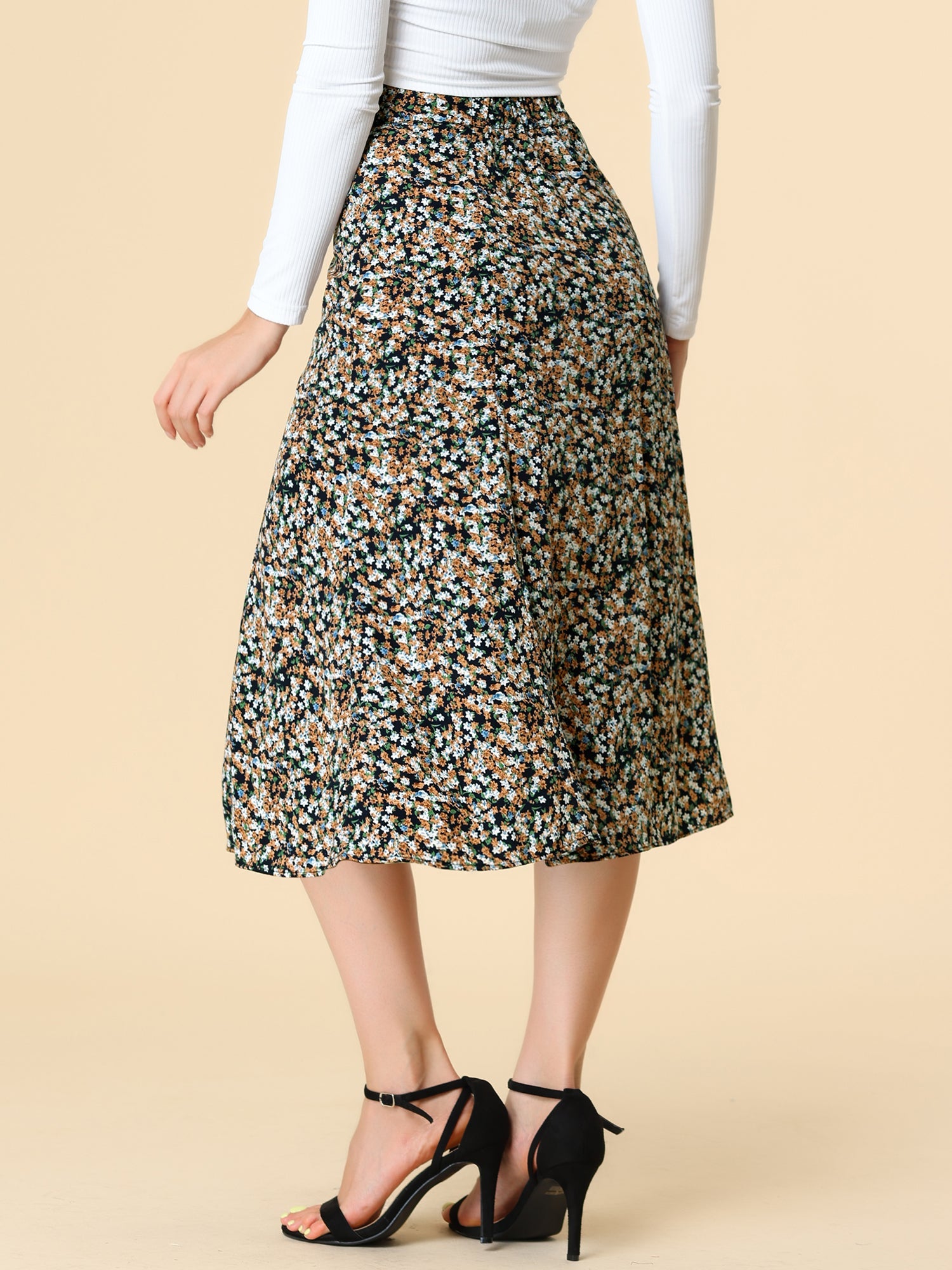 Floral Peasant Elastic Waist A-Line Ditsy Leave Midi Skirt
