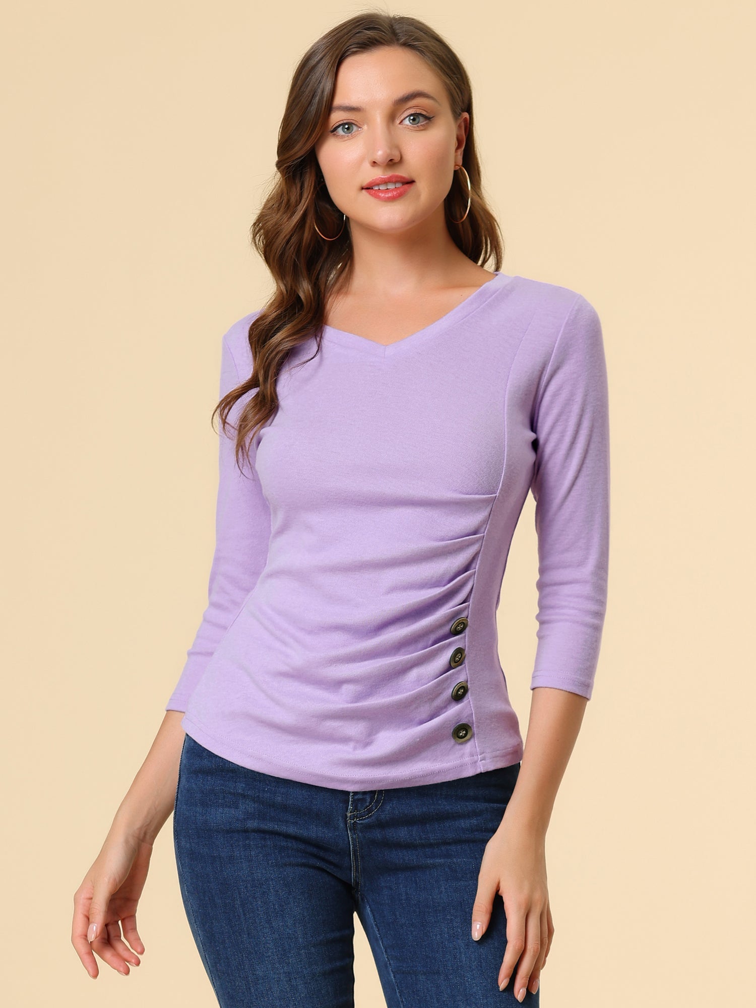 3/4 Sleeve Solid Knitted Button Decor Ruched Blouse