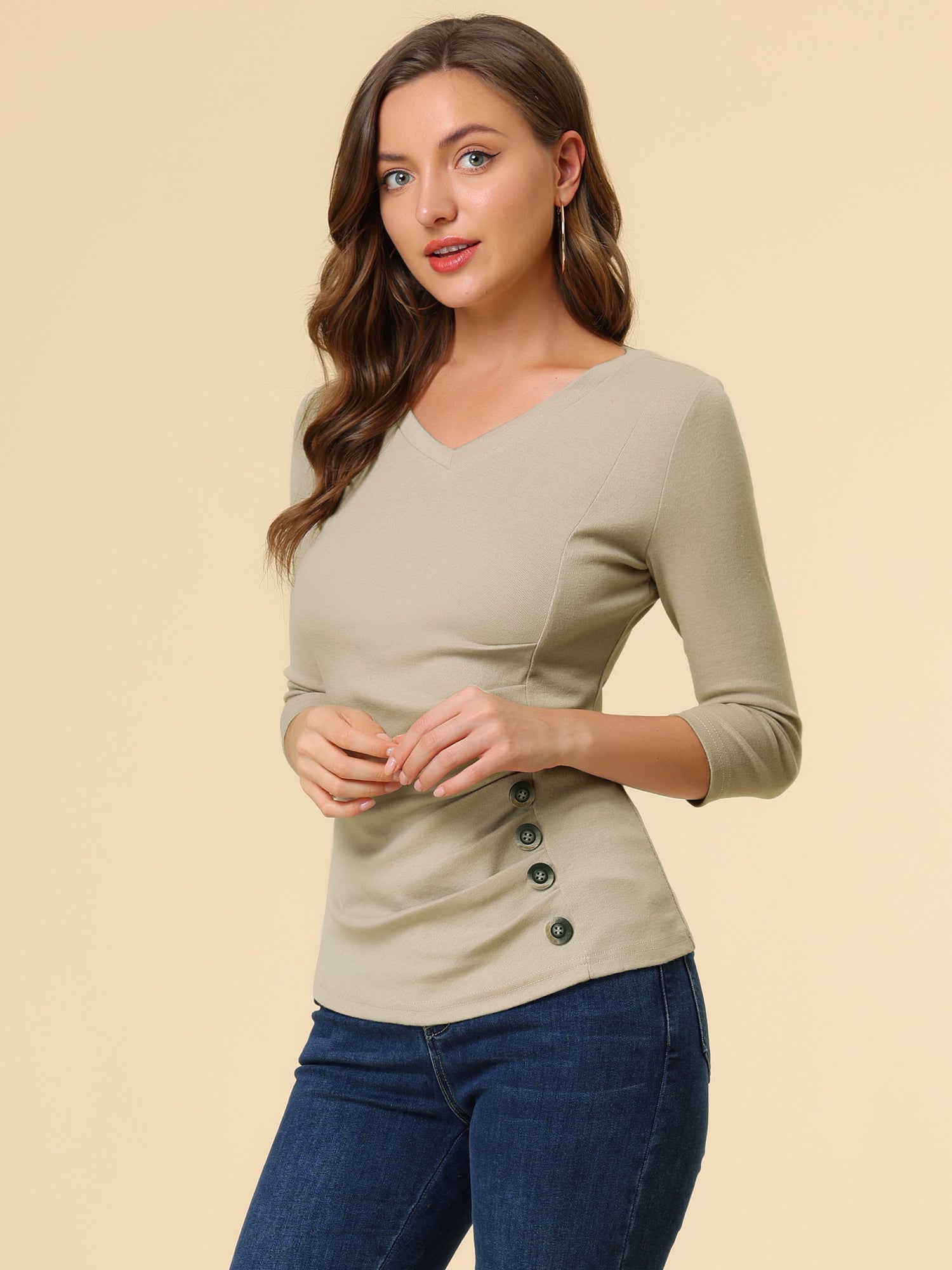 3/4 Sleeve Solid Knitted Button Decor Ruched Blouse