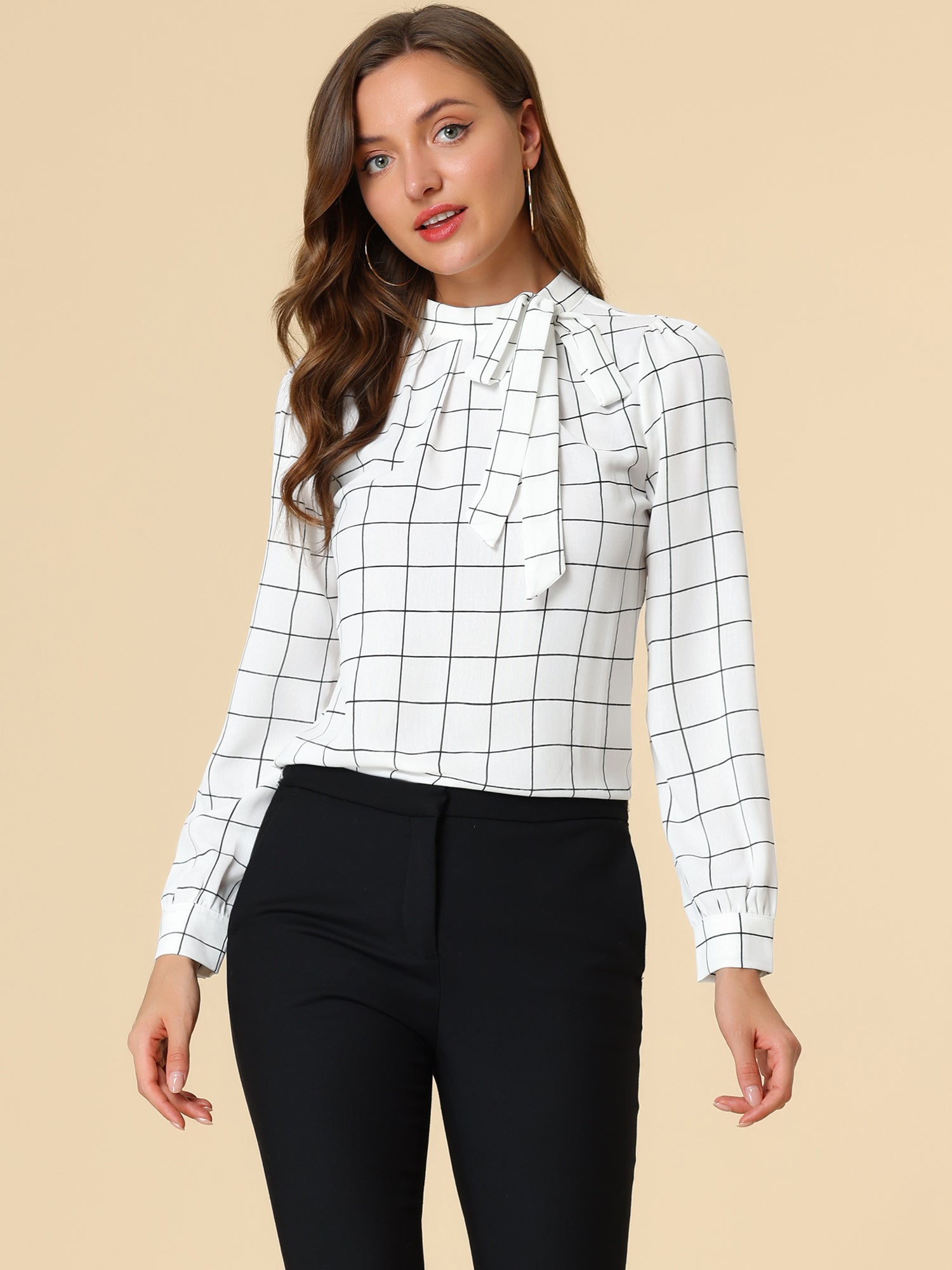 Bow Tie Neck Grid Checks Shirt Office Work Tops Blouse
