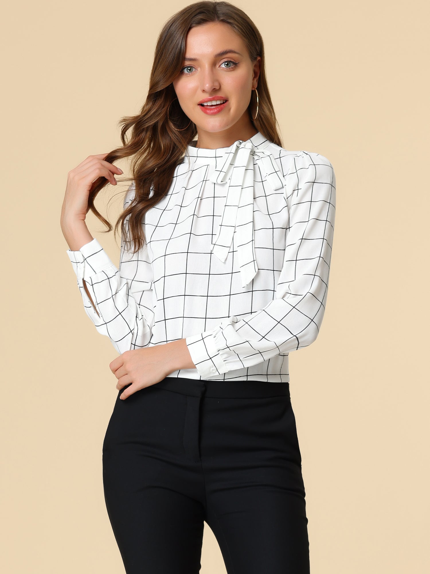 Bow Tie Neck Grid Checks Shirt Office Work Tops Blouse