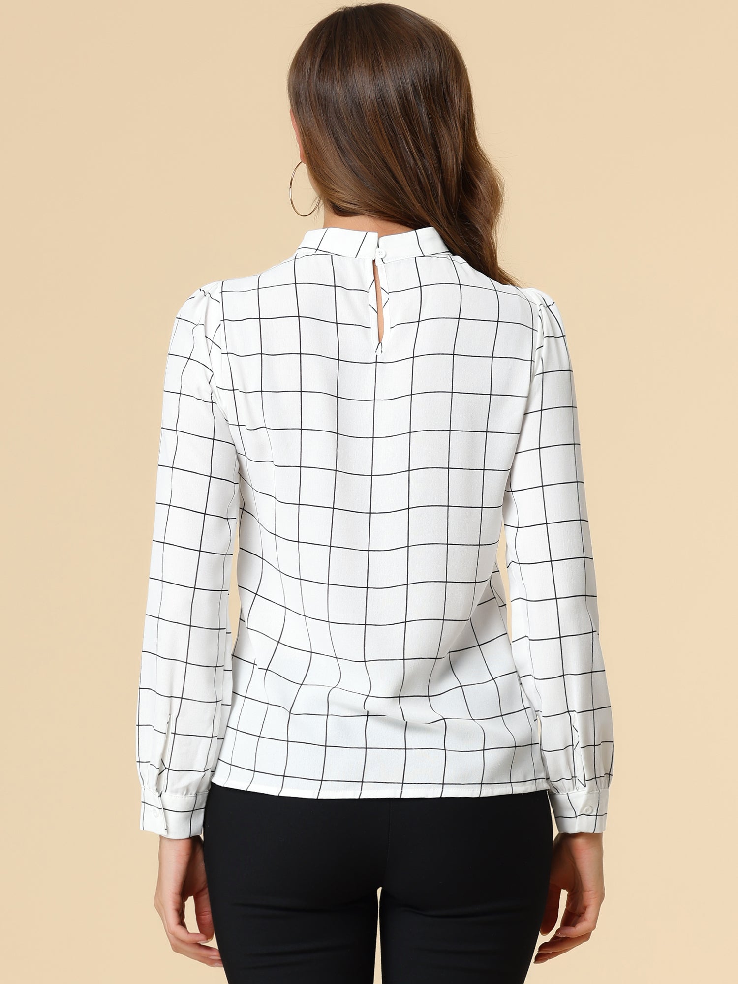 Bow Tie Neck Grid Checks Shirt Office Work Tops Blouse
