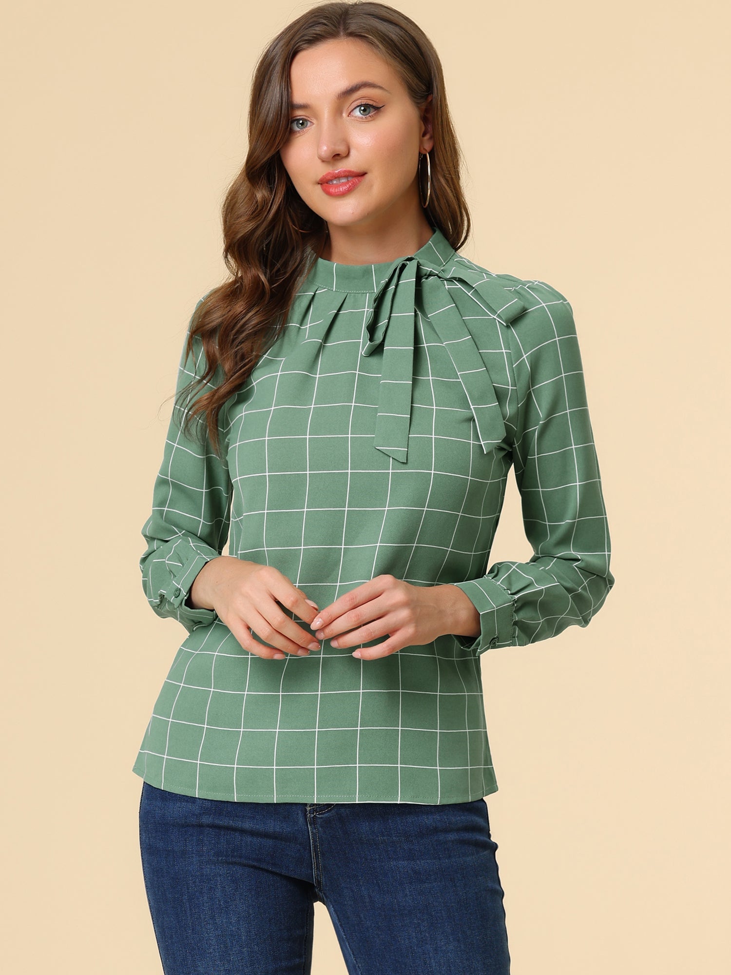 Bow Tie Neck Grid Checks Shirt Office Work Tops Blouse