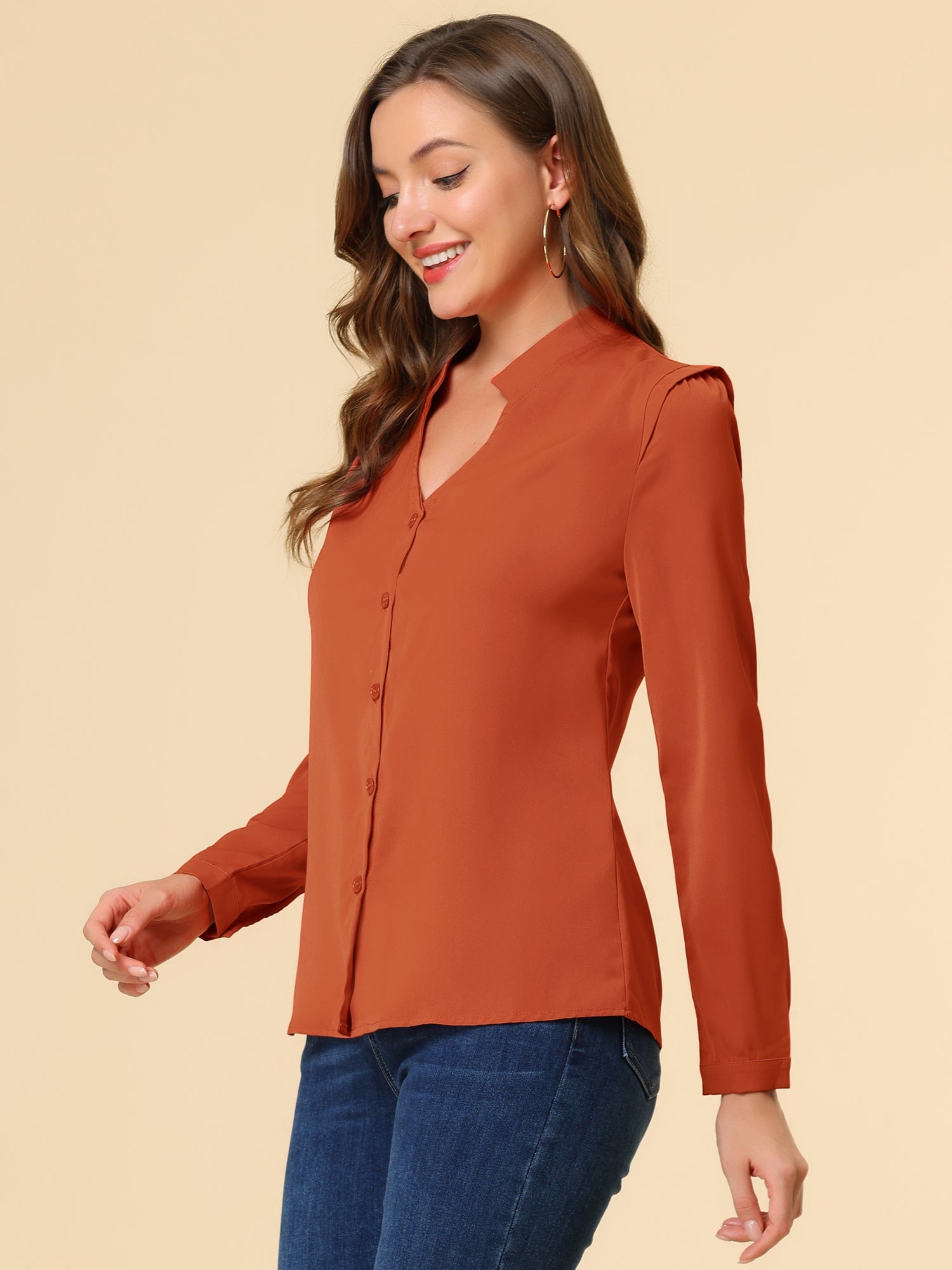 Work Office Blouse Button Up Long Sleeve V Neck Chiffon Shirt