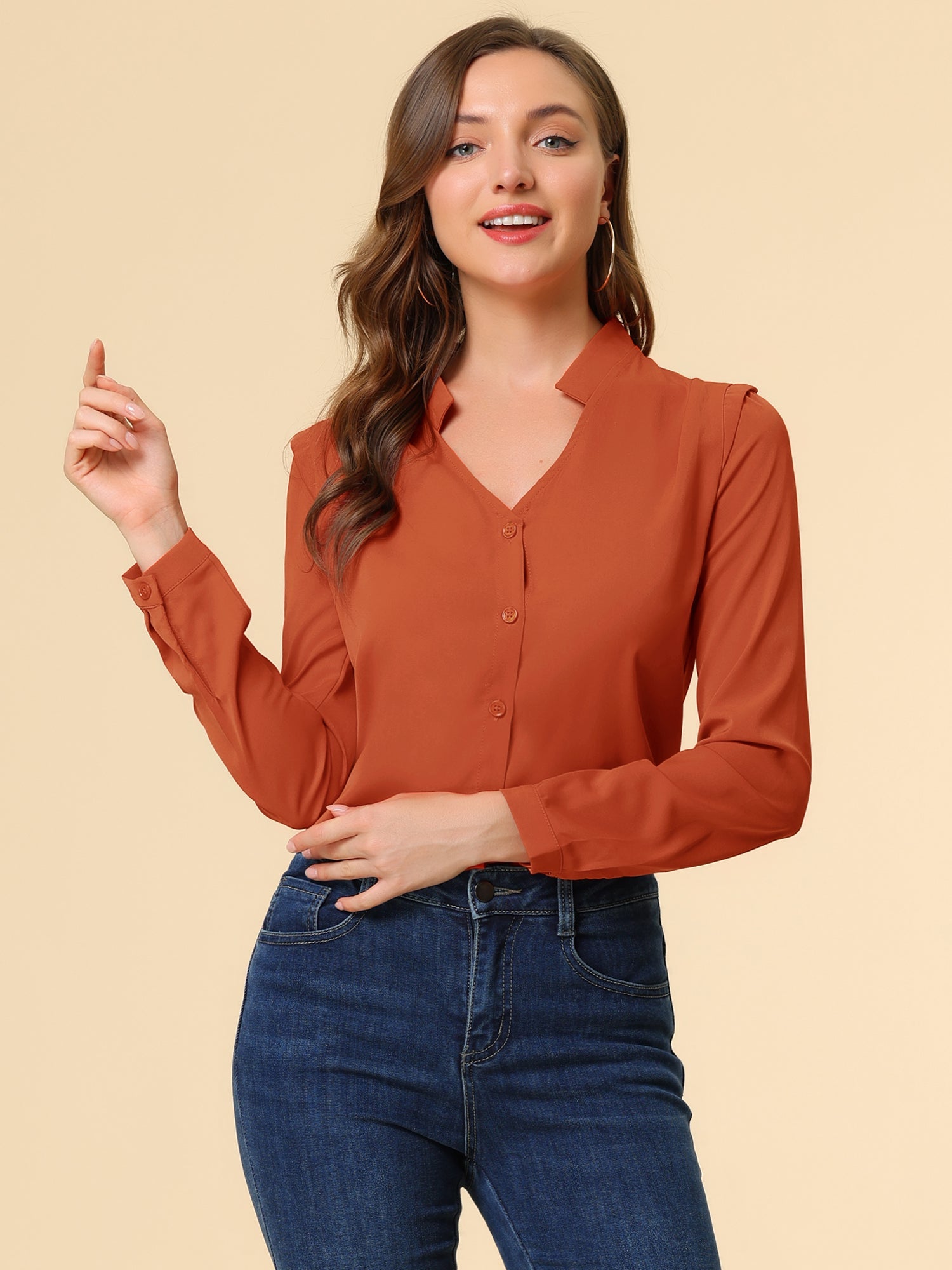 Work Office Blouse Button Up Long Sleeve V Neck Chiffon Shirt