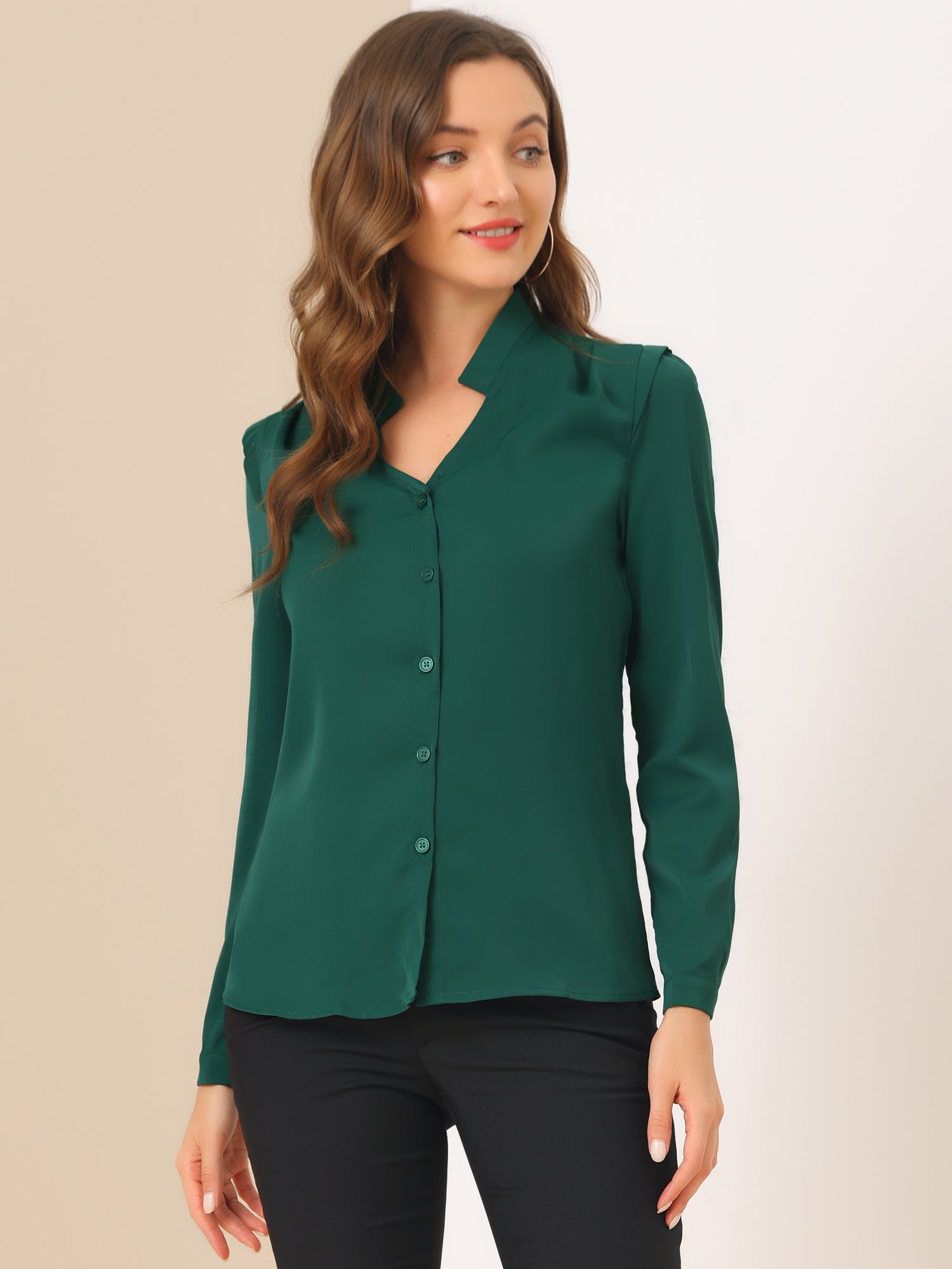 Work Office Blouse Button Up Long Sleeve V Neck Chiffon Shirt
