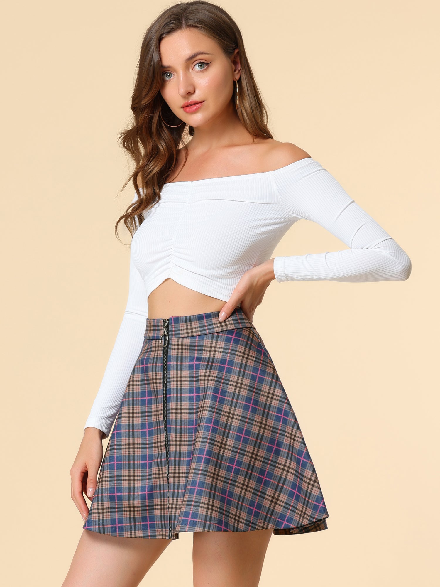 Christmas Plaid Skater Casual Flare Zip-Up Mini Skirt