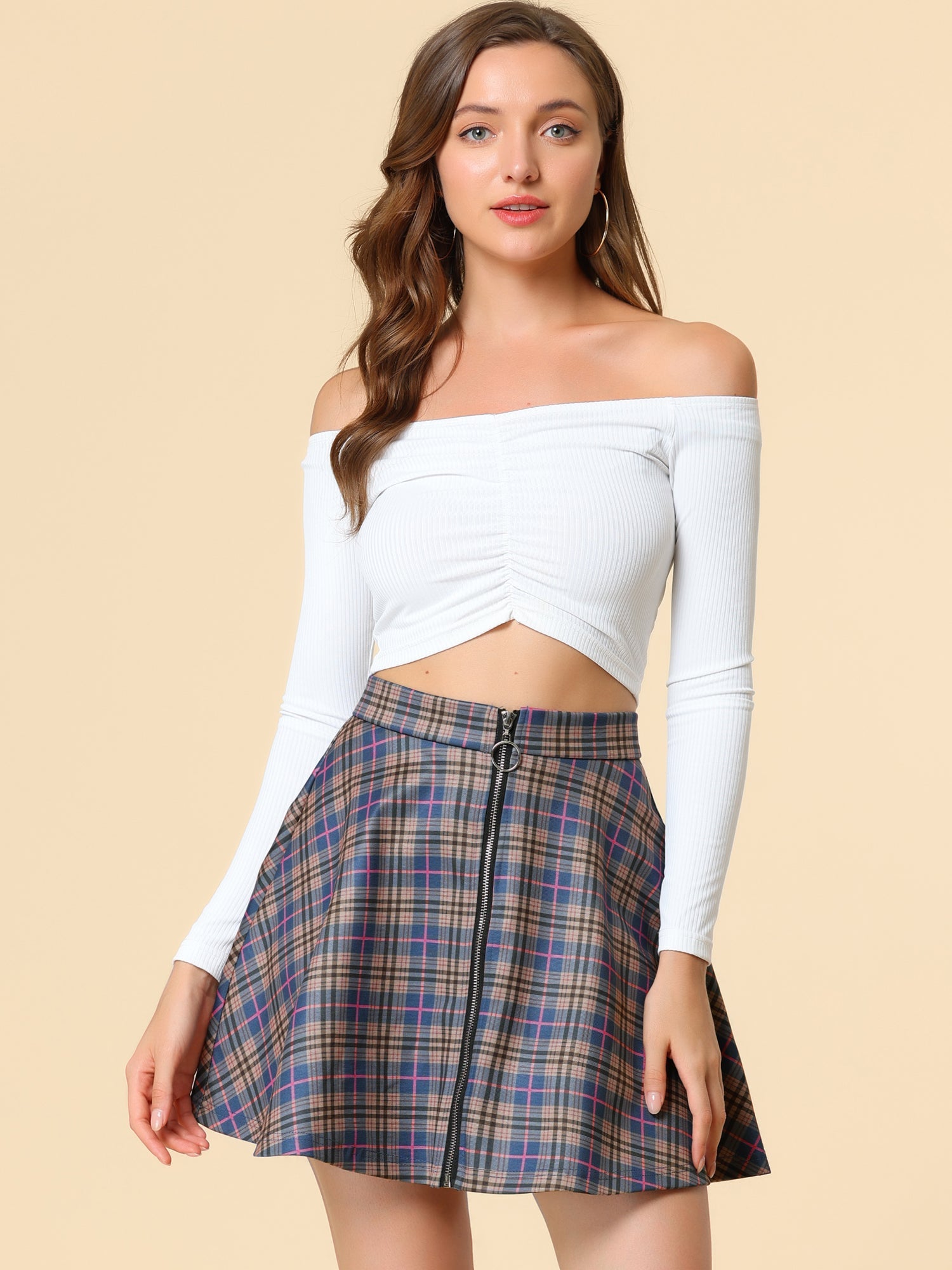 Christmas Plaid Skater Casual Flare Zip-Up Mini Skirt