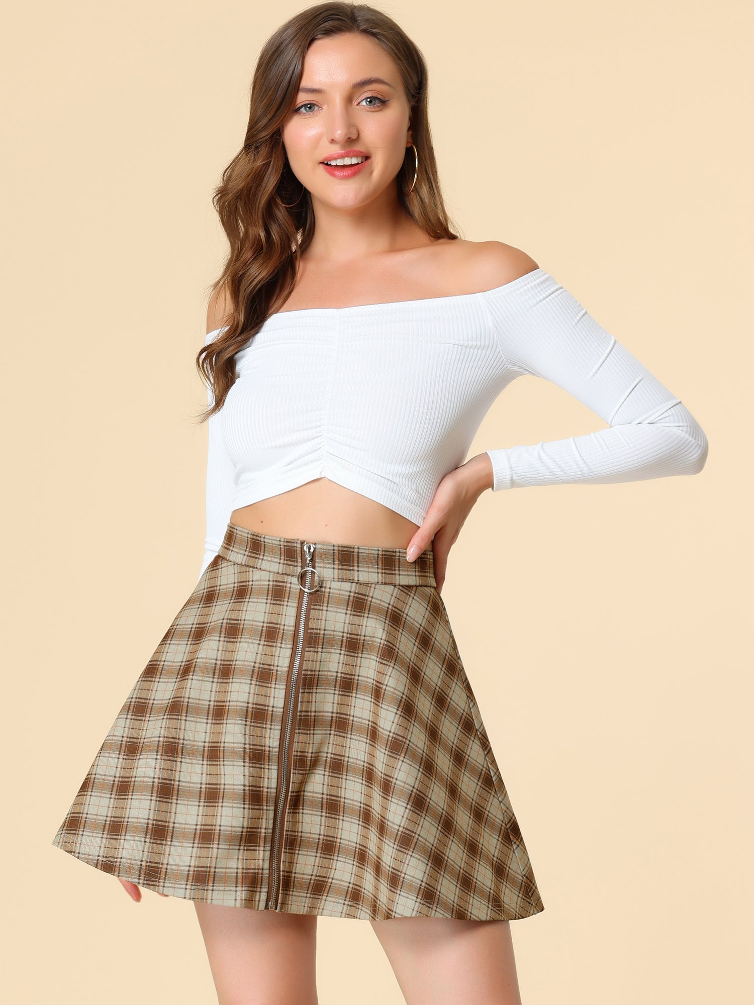 Christmas Plaid Skater Casual Flare Zip-Up Mini Skirt