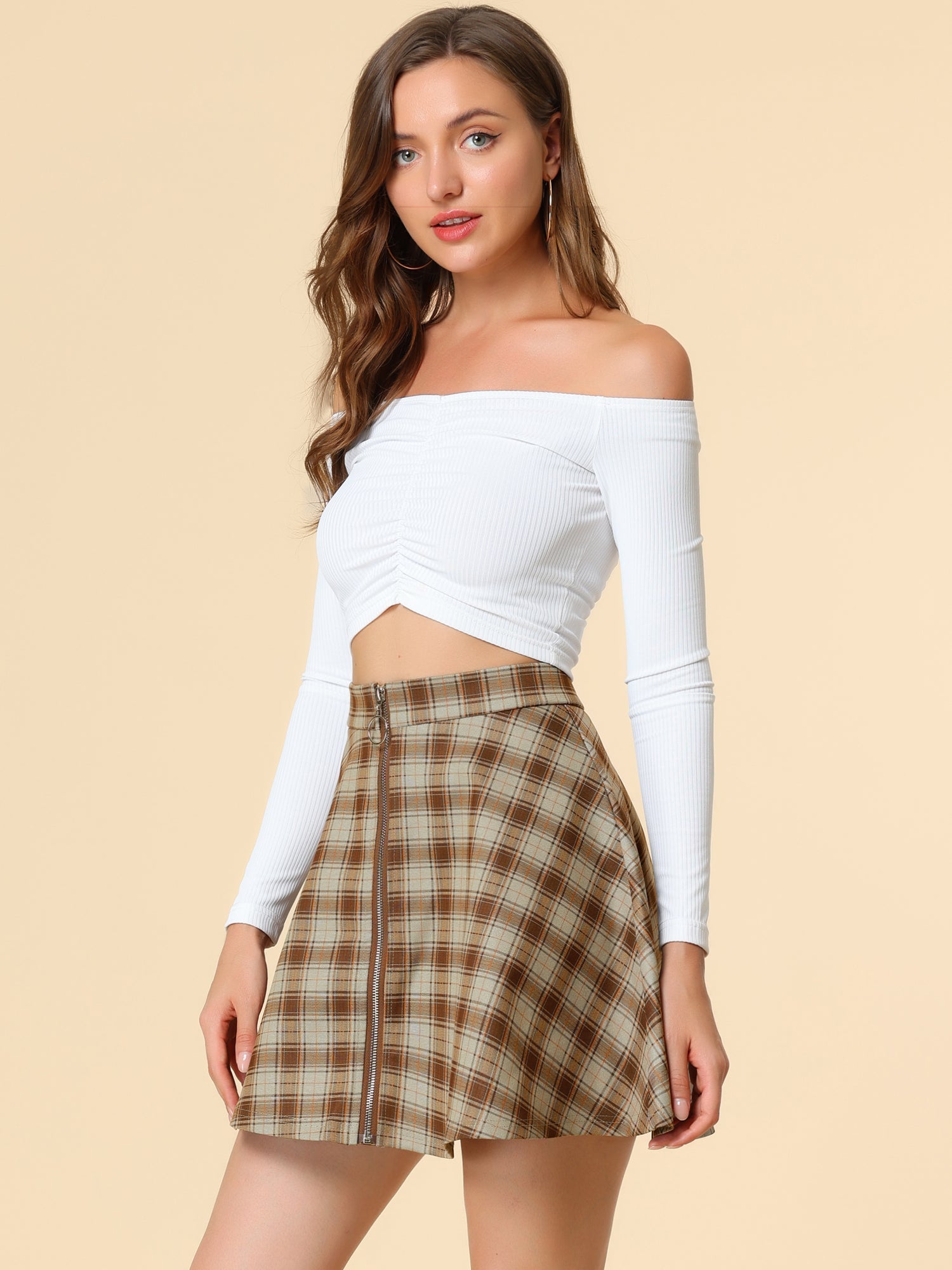 Christmas Plaid Skater Casual Flare Zip-Up Mini Skirt