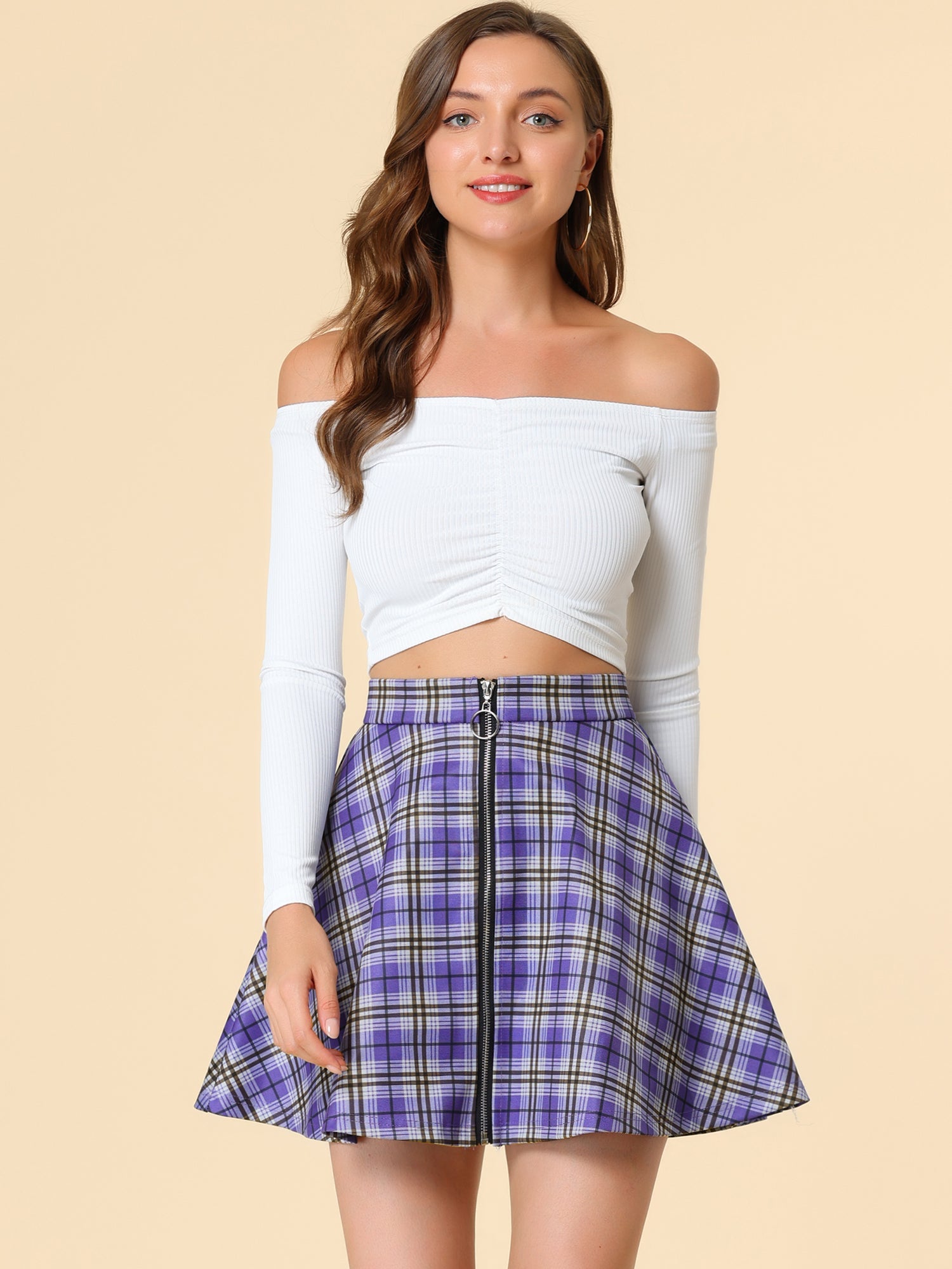 Christmas Plaid Skater Casual Flare Zip-Up Mini Skirt