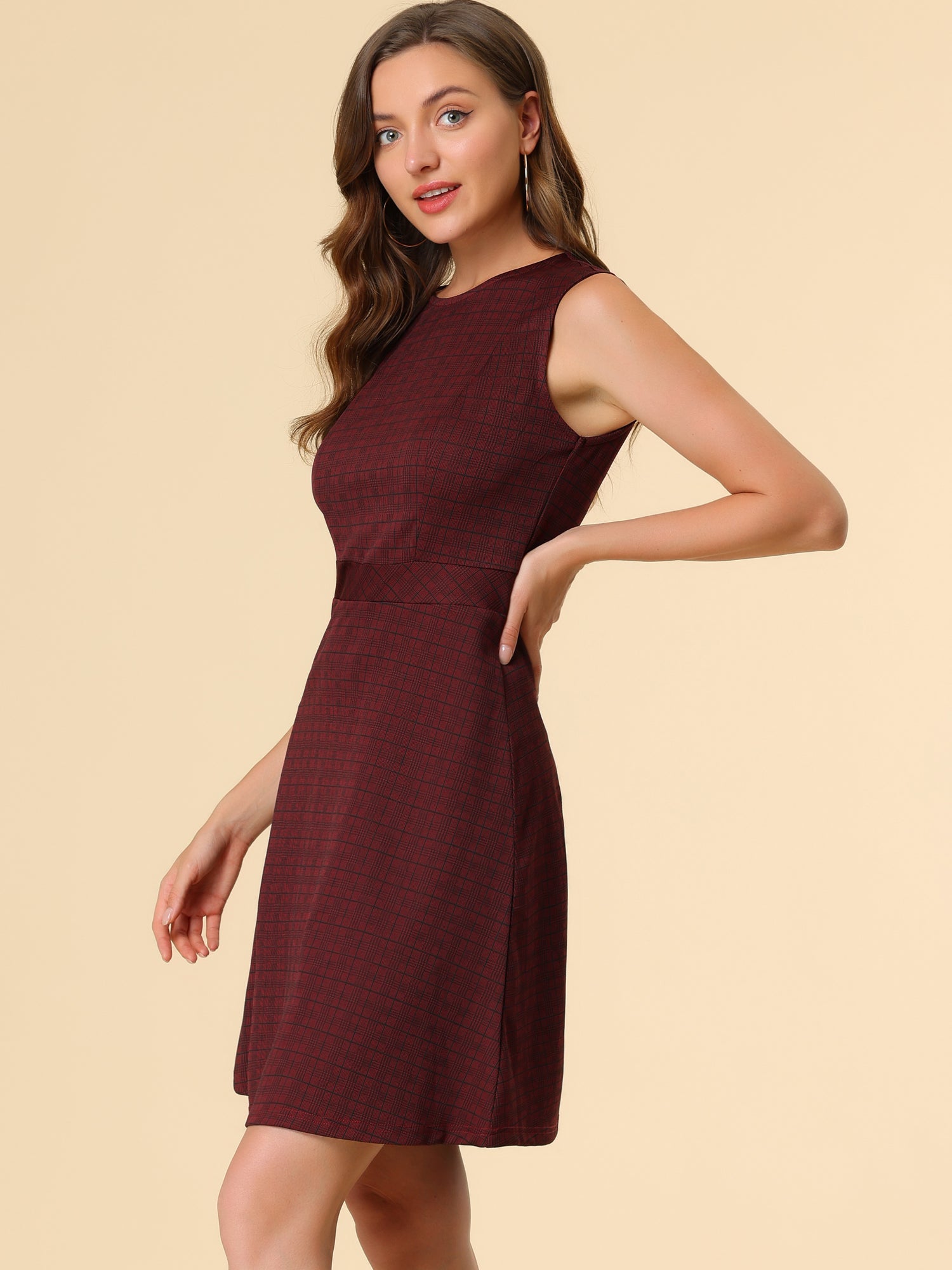 Plaid Sleeveless Fit and Flare Houndstooth Work Dress