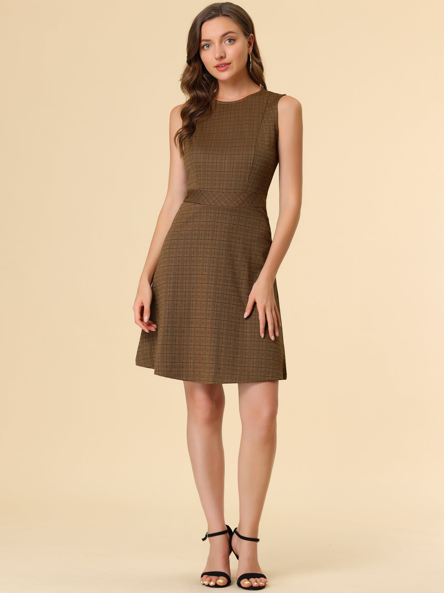 Plaid Sleeveless Fit and Flare Houndstooth Work Dress