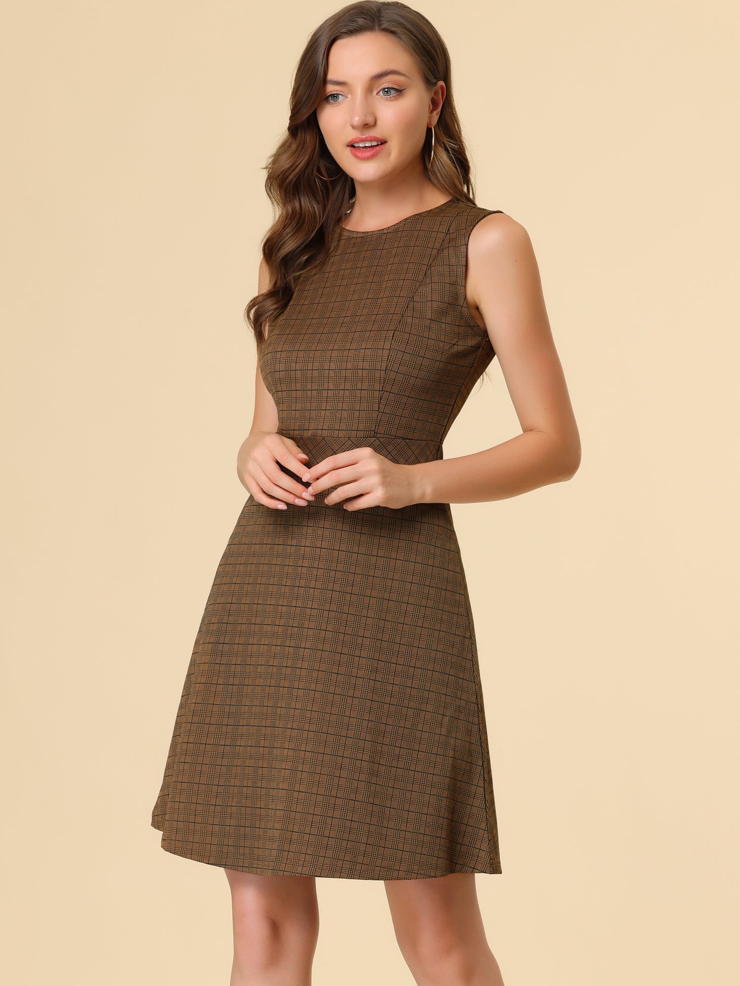 Plaid Sleeveless Fit and Flare Houndstooth Work Dress