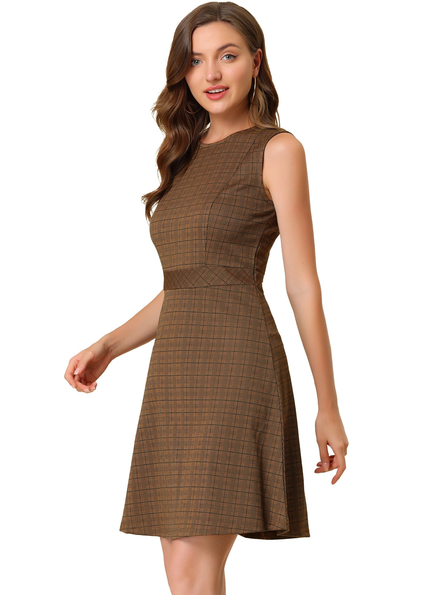 Plaid Sleeveless Fit and Flare Houndstooth Work Dress