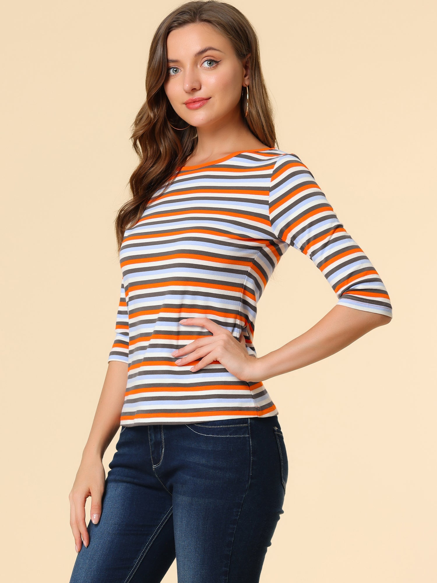 3/4 Sleeve Round Neck Casual Striped T-Shirt